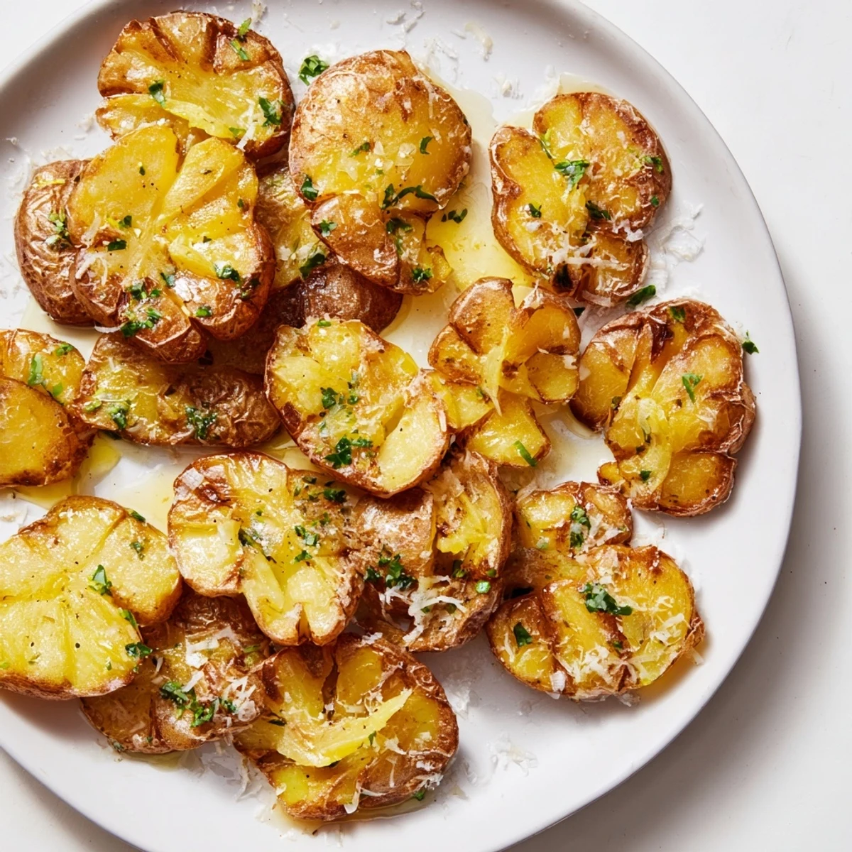 Golden-brown Parmesan smashed potatoes with crispy edges, ready to serve as a delicious side.
