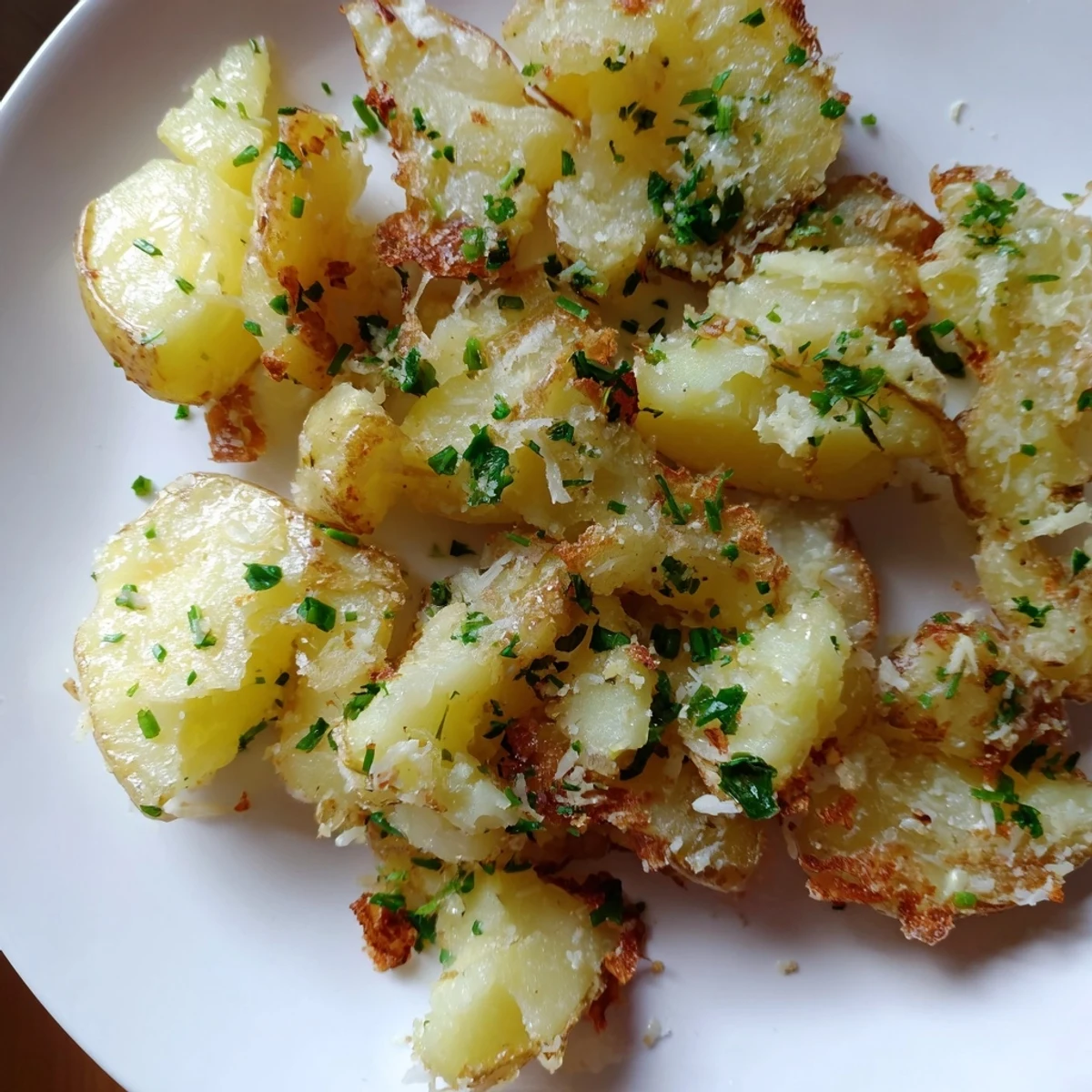 A close-up of garlic-herb Parmesan smashed potatoes, showing fluffy insides and crunchy crust.