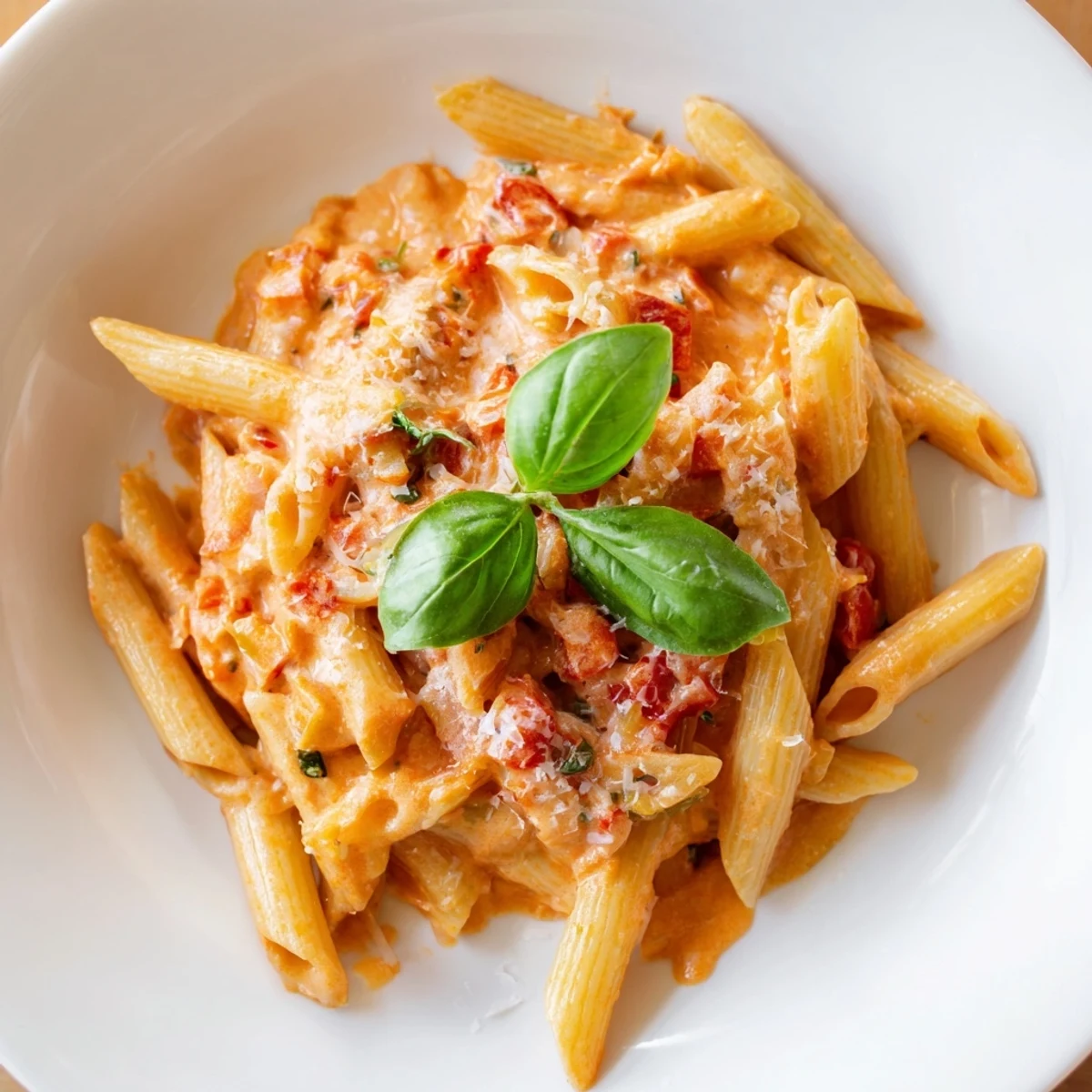 Steaming Basil Garlic One-Pot Creamy Tomato Pasta, swirled with parmesan and fresh basil.