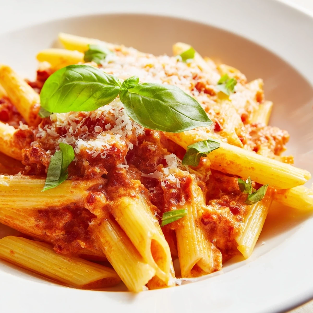 Vibrant image of Basil Garlic One-Pot Creamy Tomato Pasta, showing the creamy, flavorful tomato sauce.