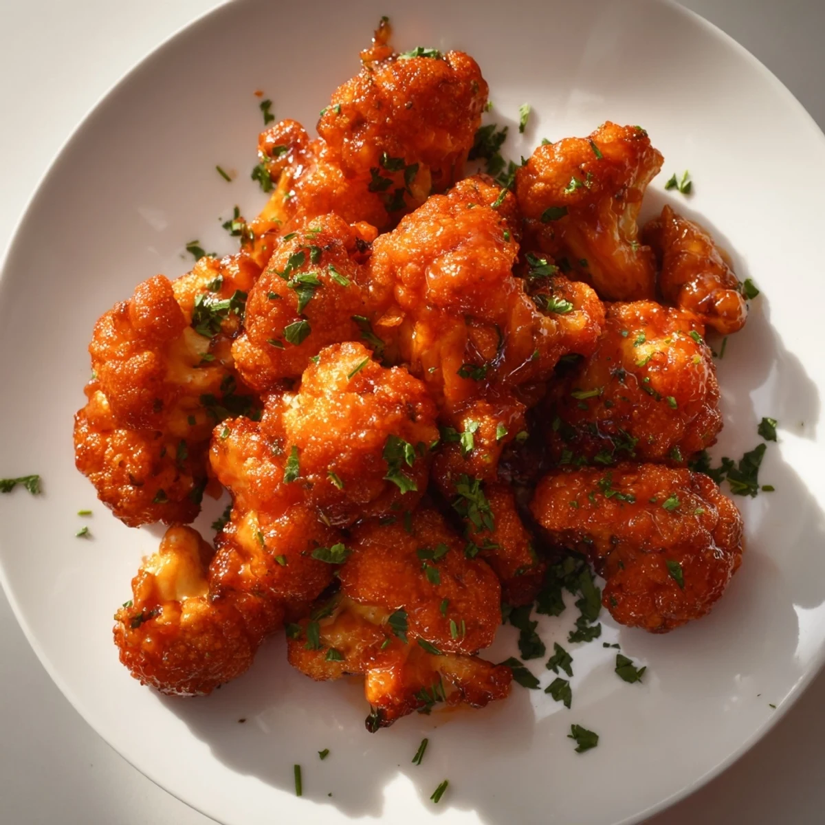 Golden-brown Sriracha-Buffalo Cauliflower Bites with visible crispy edges, ready to serve with dip.
