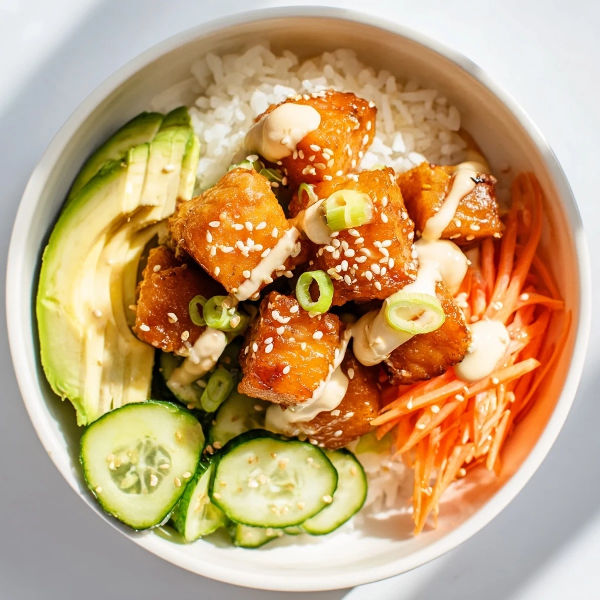 Golden, crispy salmon bites in a bowl with rice, fresh veggies, and creamy spicy mayo.