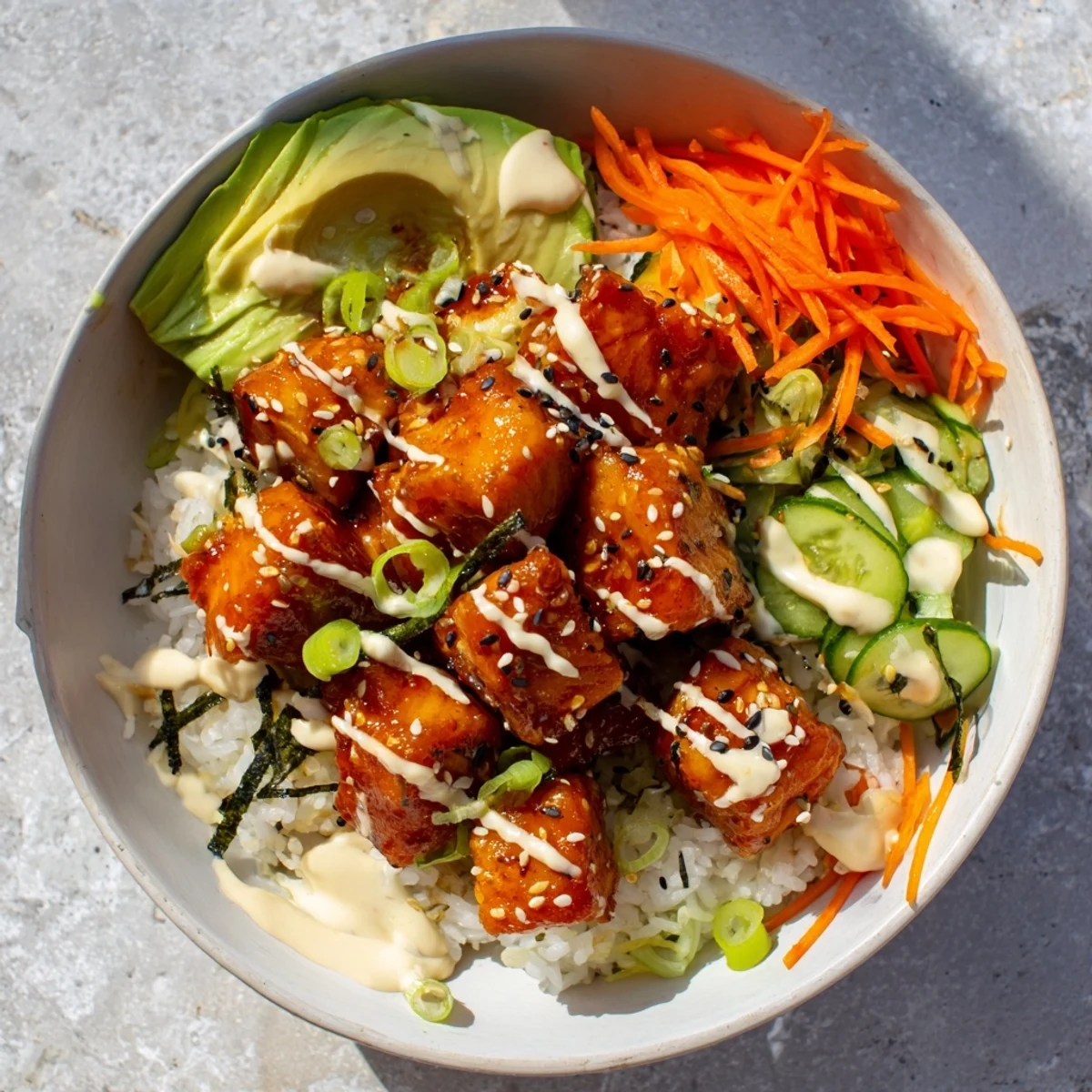 A close-up of a Salmon Bites Bowl showcasing the salmon's flaky texture and vibrant toppings.
