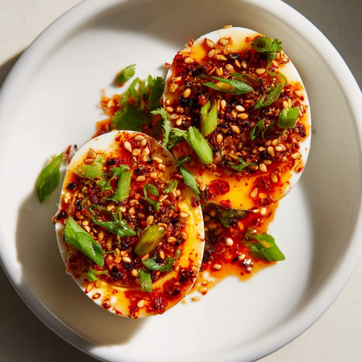 Golden, jammy Chili Oil Eggs drizzled with vibrant chili oil, ready for a spicy breakfast craving.