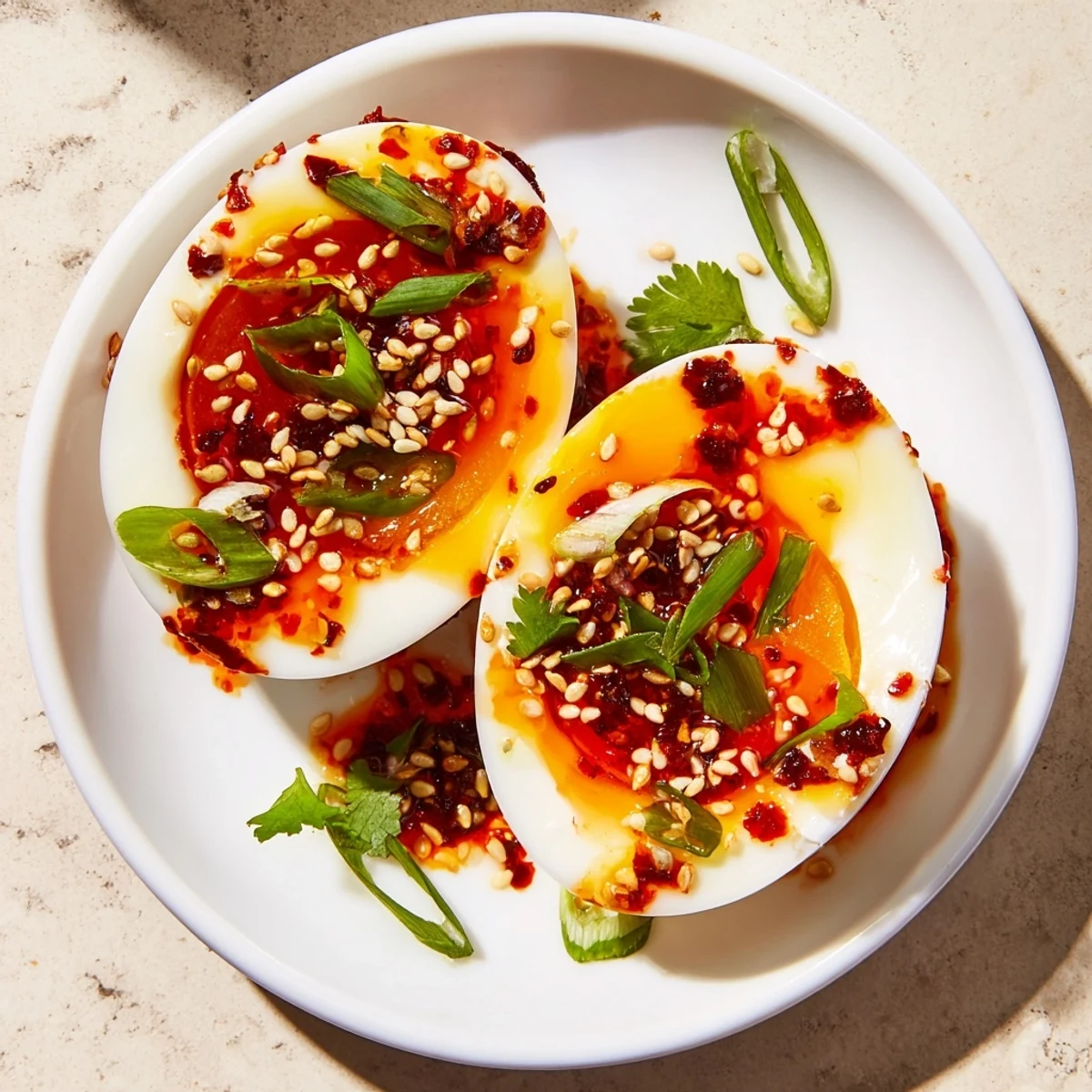 Freshly prepared Chili Oil Eggs with sesame seeds and green onions, an easy and delicious breakfast idea.