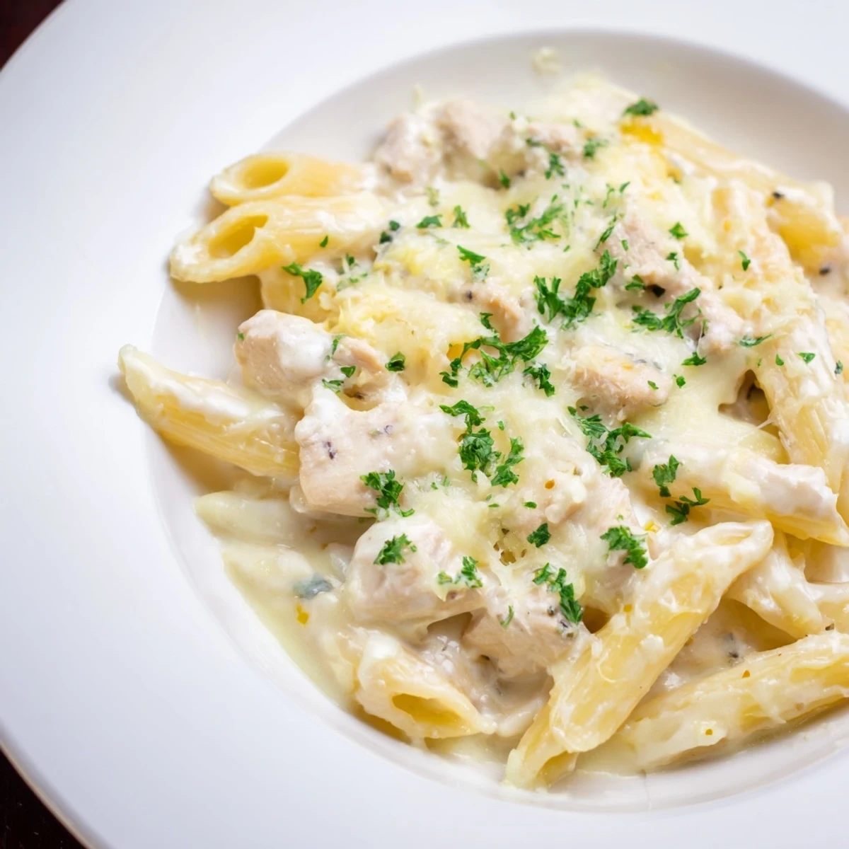 Delicious Chicken Alfredo Bake, featuring melted cheese and a rich Alfredo sauce, ready to serve and enjoy.