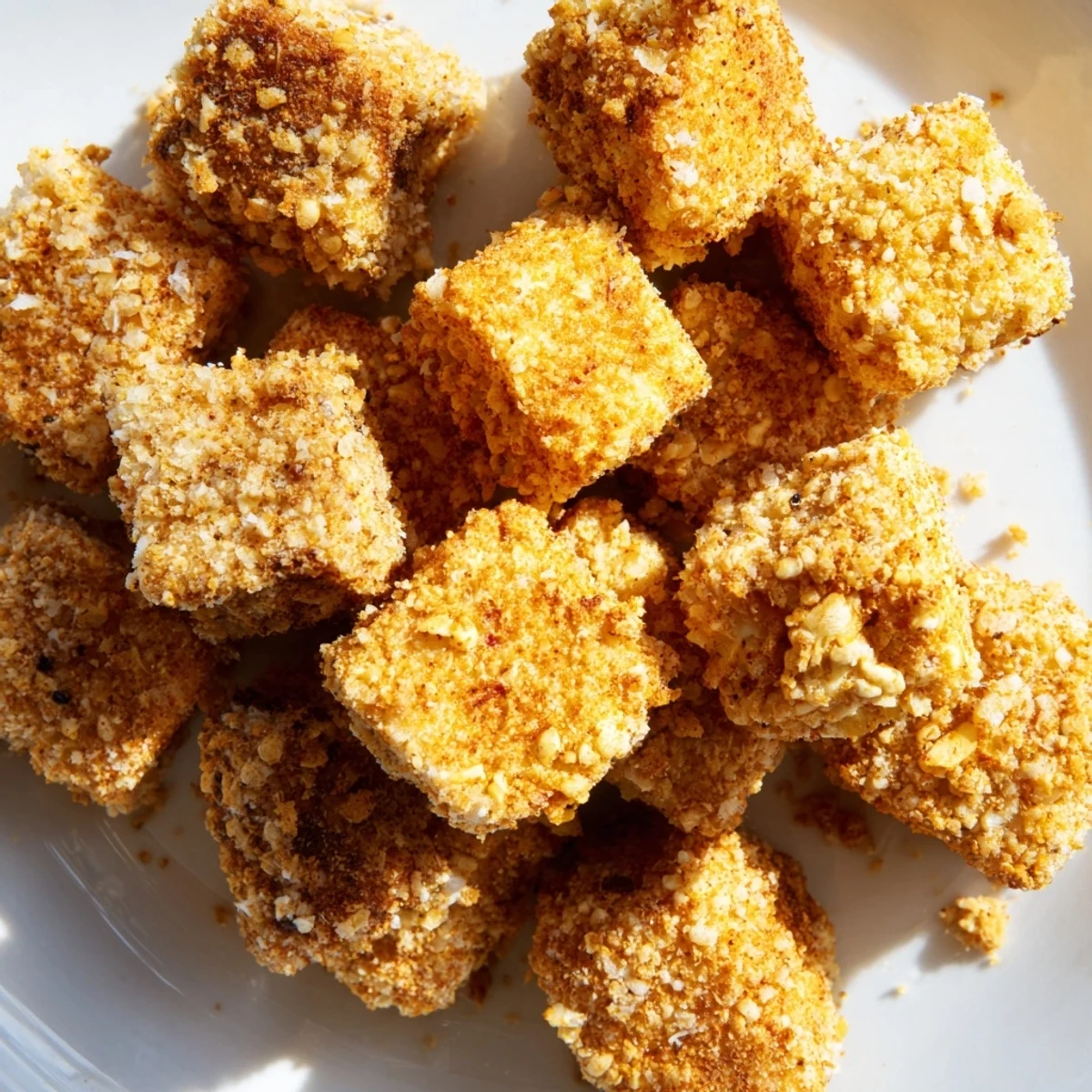 Golden brown crispy tofu nuggets, enticingly crunchy and perfectly seasoned for a delicious snack.