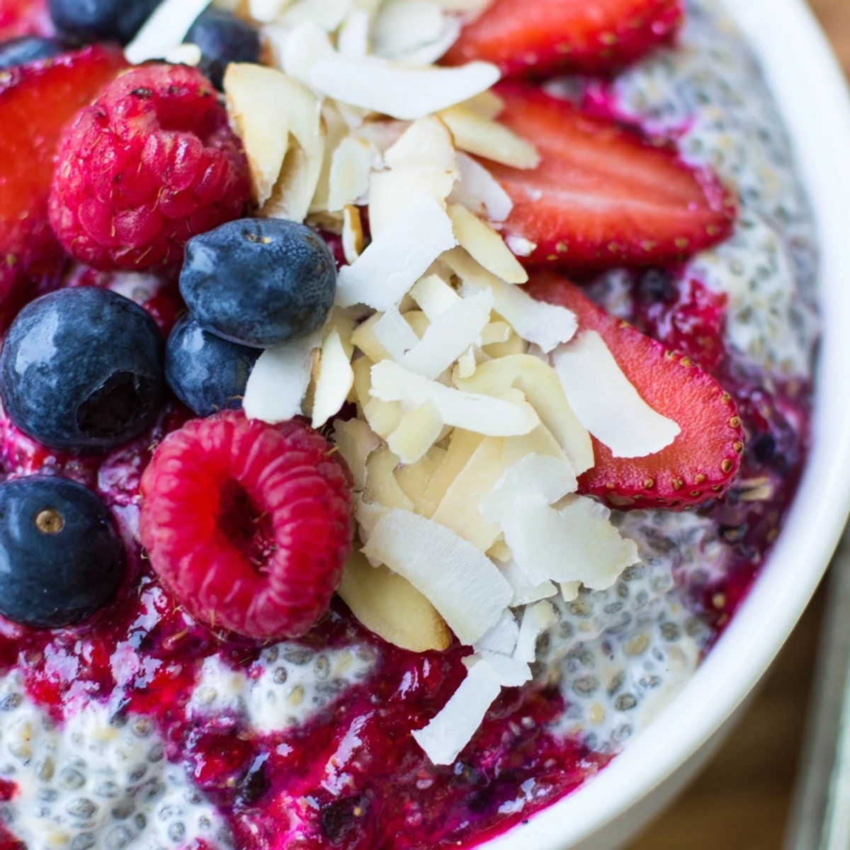 Fresh mixed berries topping a jar of Berry Chia Pudding—a healthy, refreshing breakfast idea.