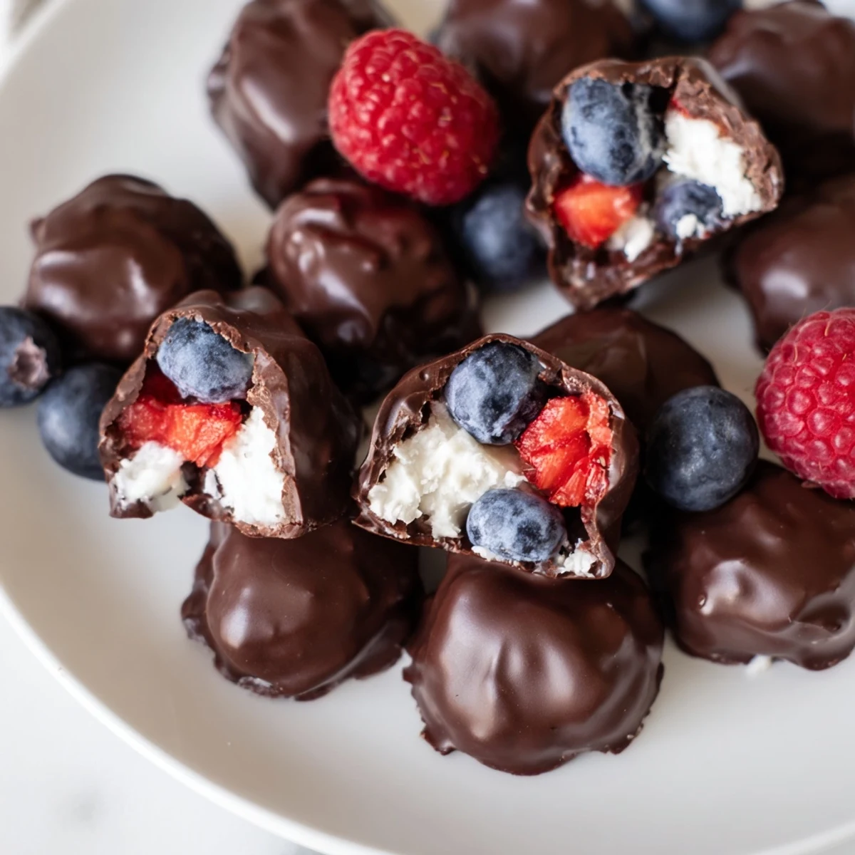 Chocolate Yogurt Clusters drizzled with smooth dark chocolate, topped with beautiful fresh, juicy berries.