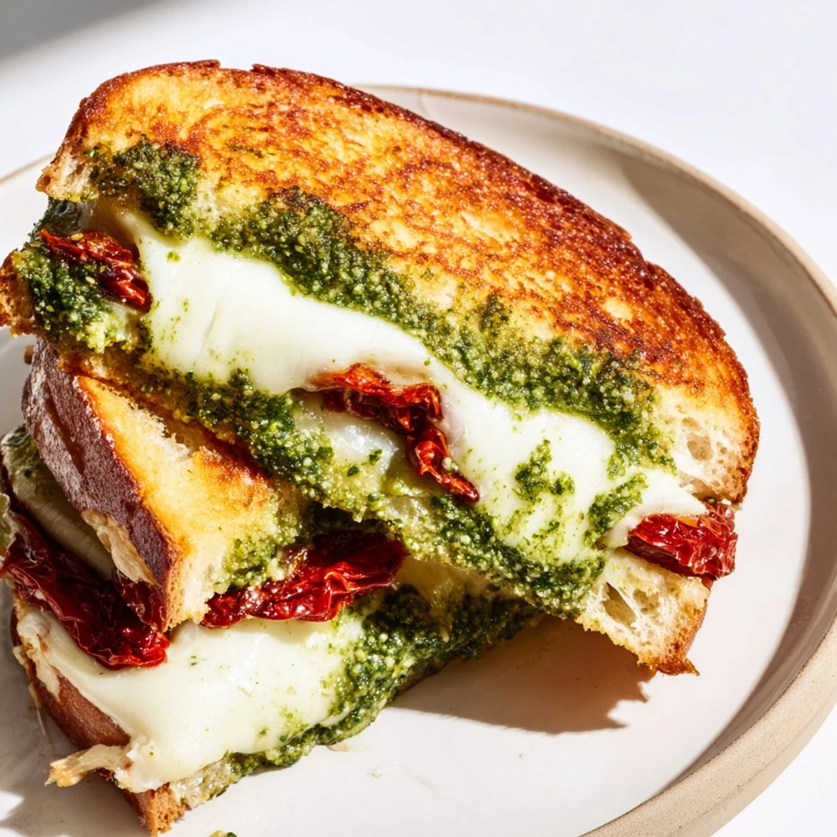 Golden, melty pesto grilled cheese sandwich with oozing cheese and vibrant sun-dried tomatoes is ready.