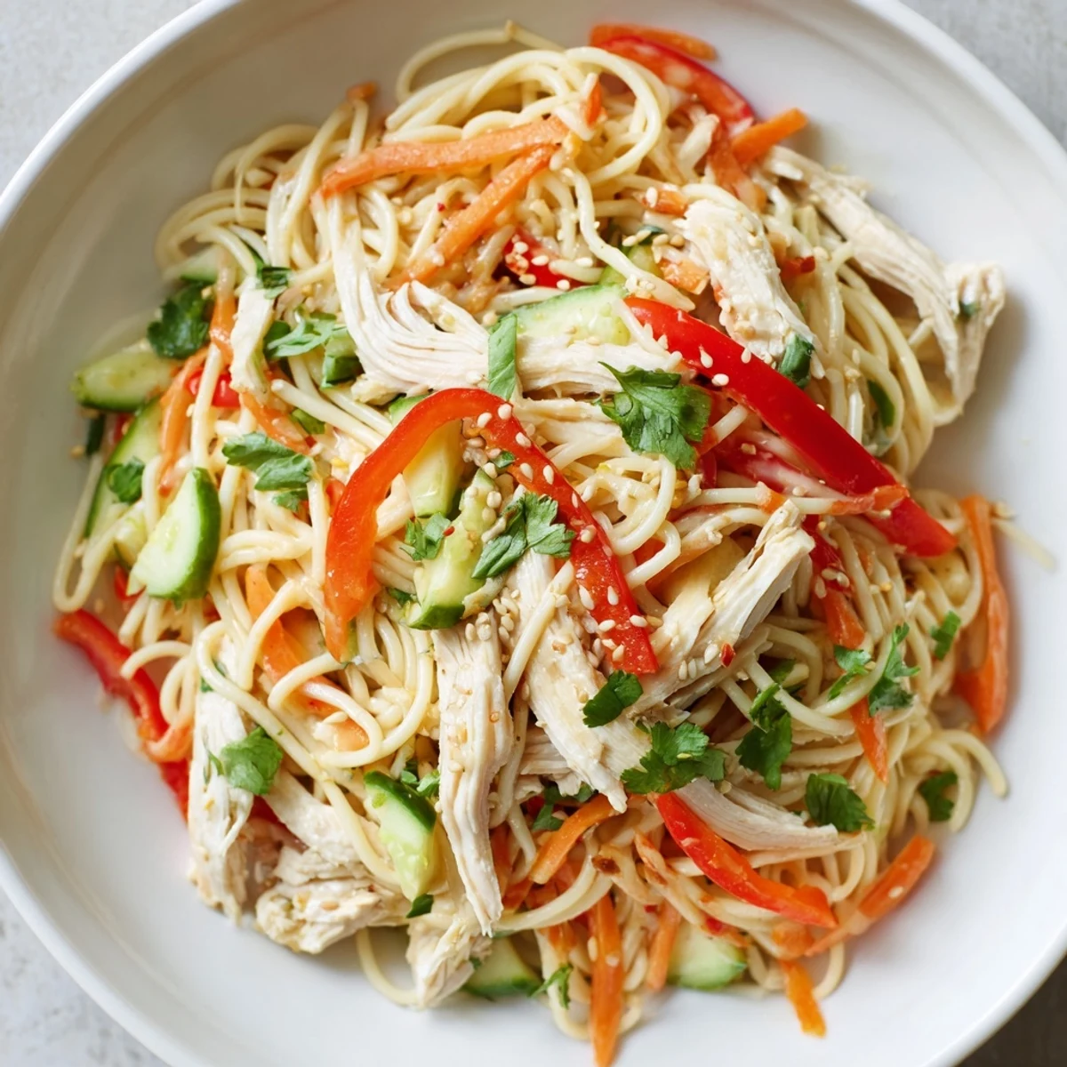 A vibrant bowl of Chilled Chicken Noodle Salad with sesame dressing and fresh herbs.