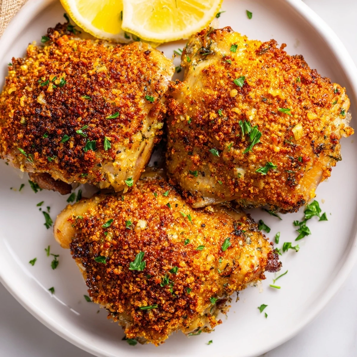 Golden and crispy garlic chicken thighs, a flavorful and easy American dinner recipe.