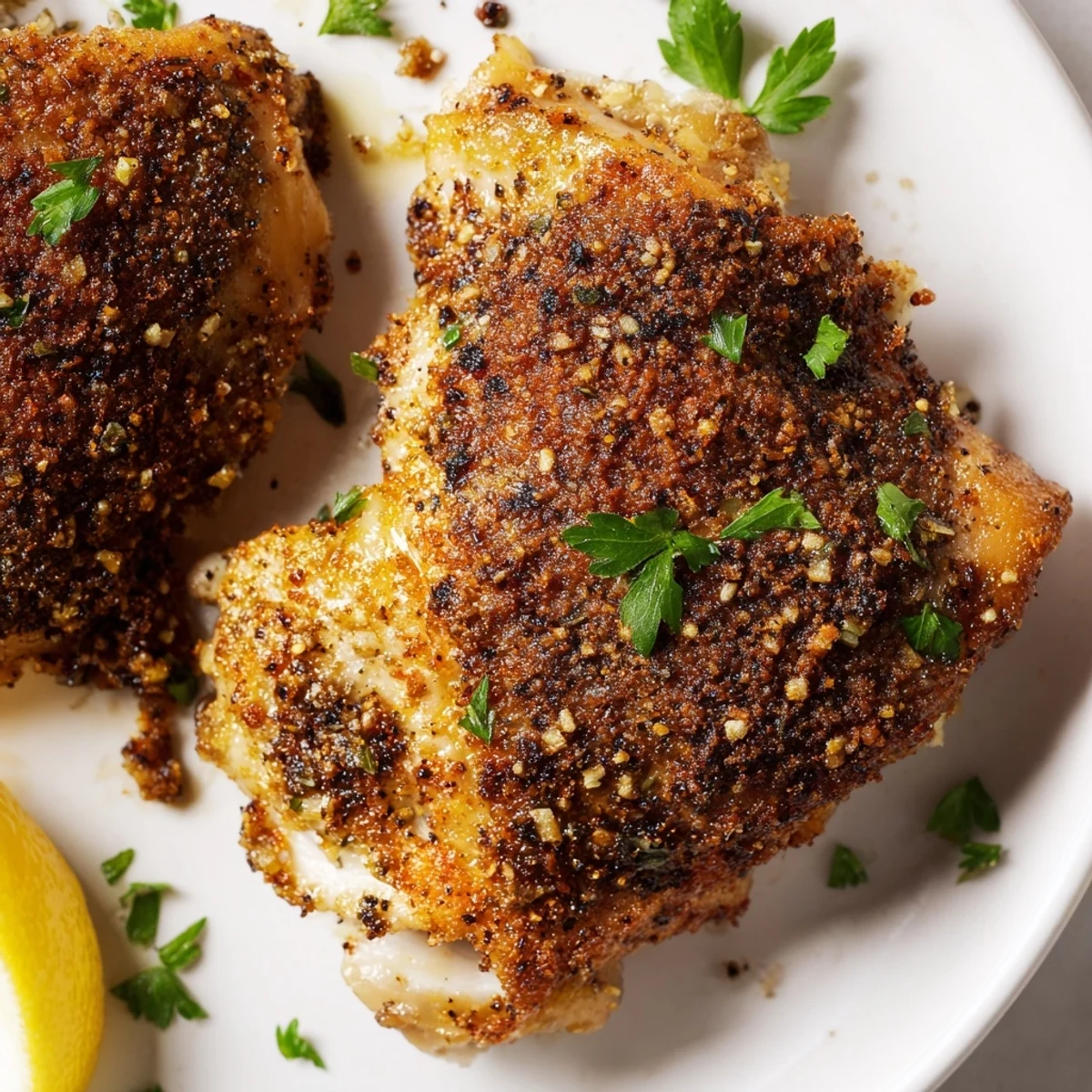 Close-up of irresistibly crispy garlic chicken thighs, perfect for a flavorful, gluten-free dinner.