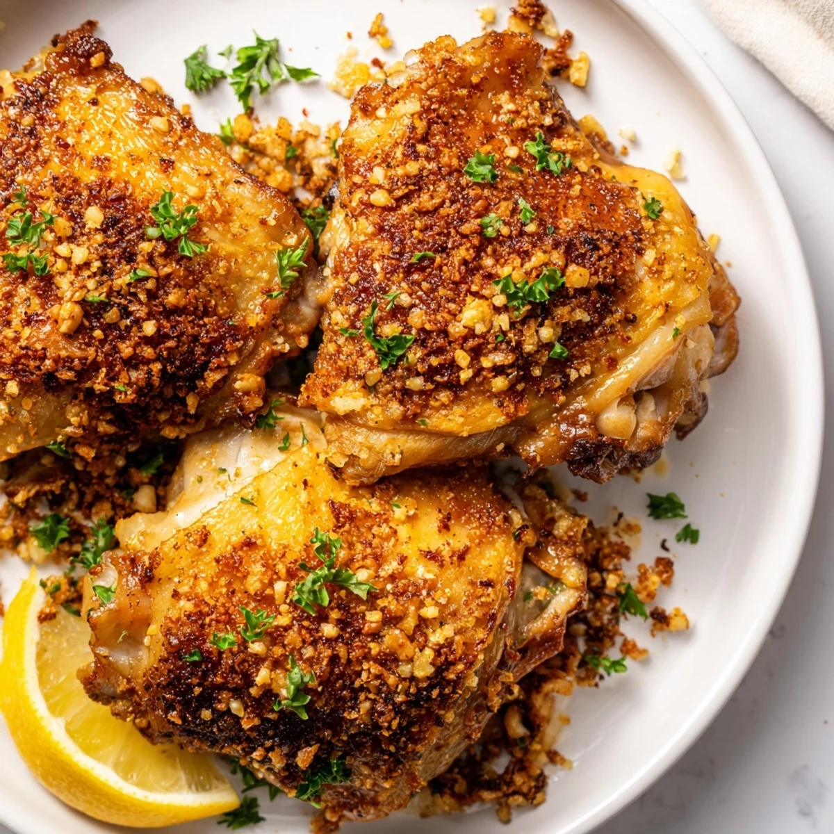 Juicy Crispy Garlic Chicken Thighs with a perfectly golden skin, ready for a delicious meal.