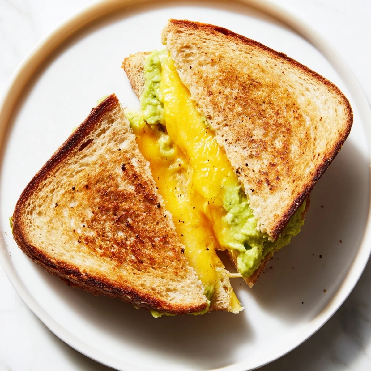 A close-up of a perfectly toasted Avocado Toast Grilled Cheese, oozing melted cheese between golden bread.