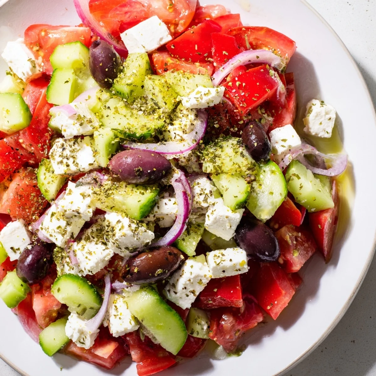 Mediterranean Salad: A colorful mix of tomatoes, cucumbers, and feta, ready to enjoy.