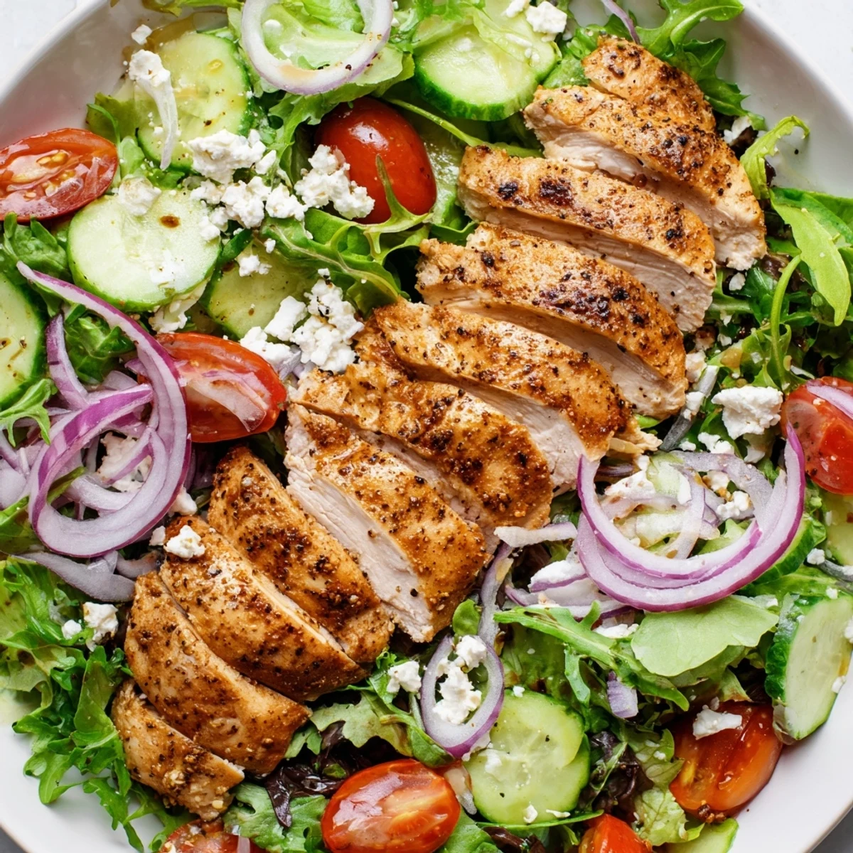 Golden-brown quick pan-seared chicken salad, showcasing tender chicken over vibrant mixed greens and a delicious dressing.