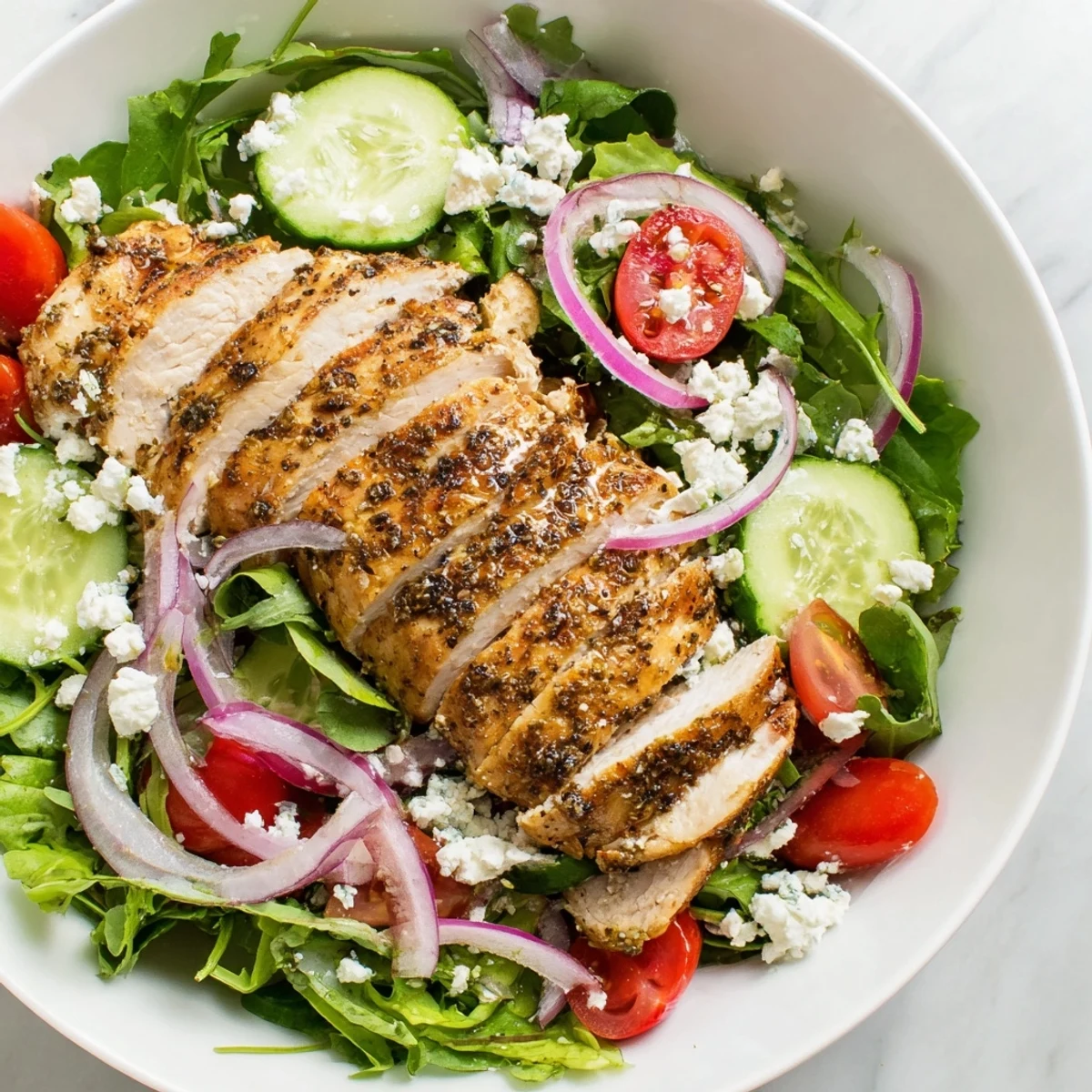 Flavorful quick pan-seared chicken salad with juicy chicken, fresh tomatoes, and crumbled feta, ready to enjoy.