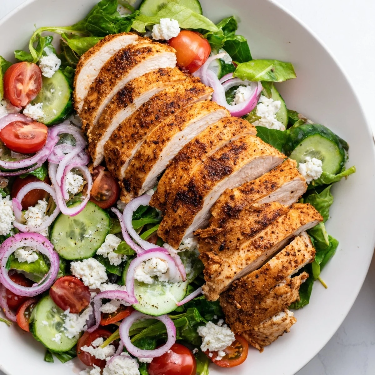 A beautiful bowl with quick pan-seared chicken salad: warm chicken slices resting on a bed of fresh greens.
