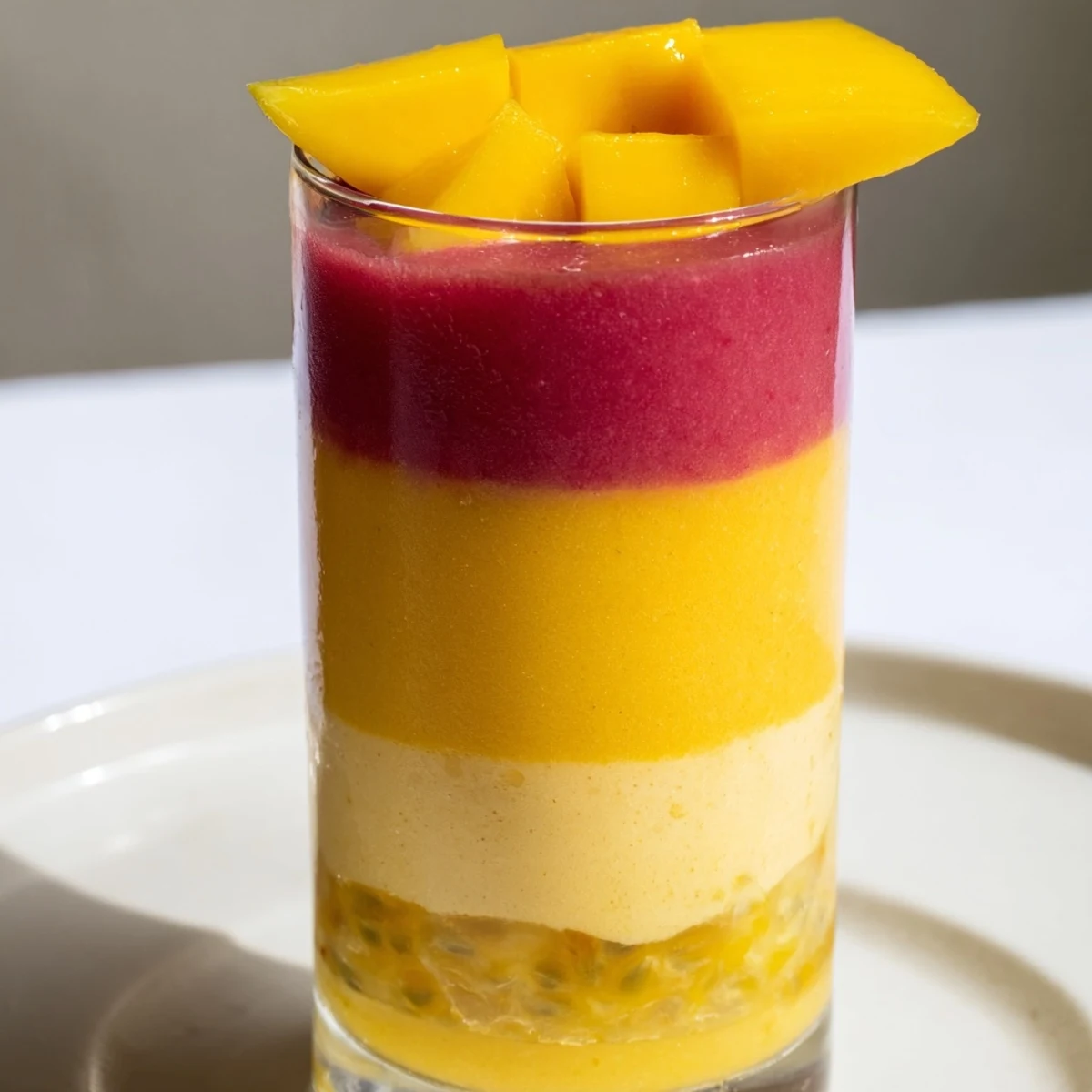 Vibrant layered Tropical Sunset Smoothie, creamy yogurt and fresh fruit blended for a refreshing treat.