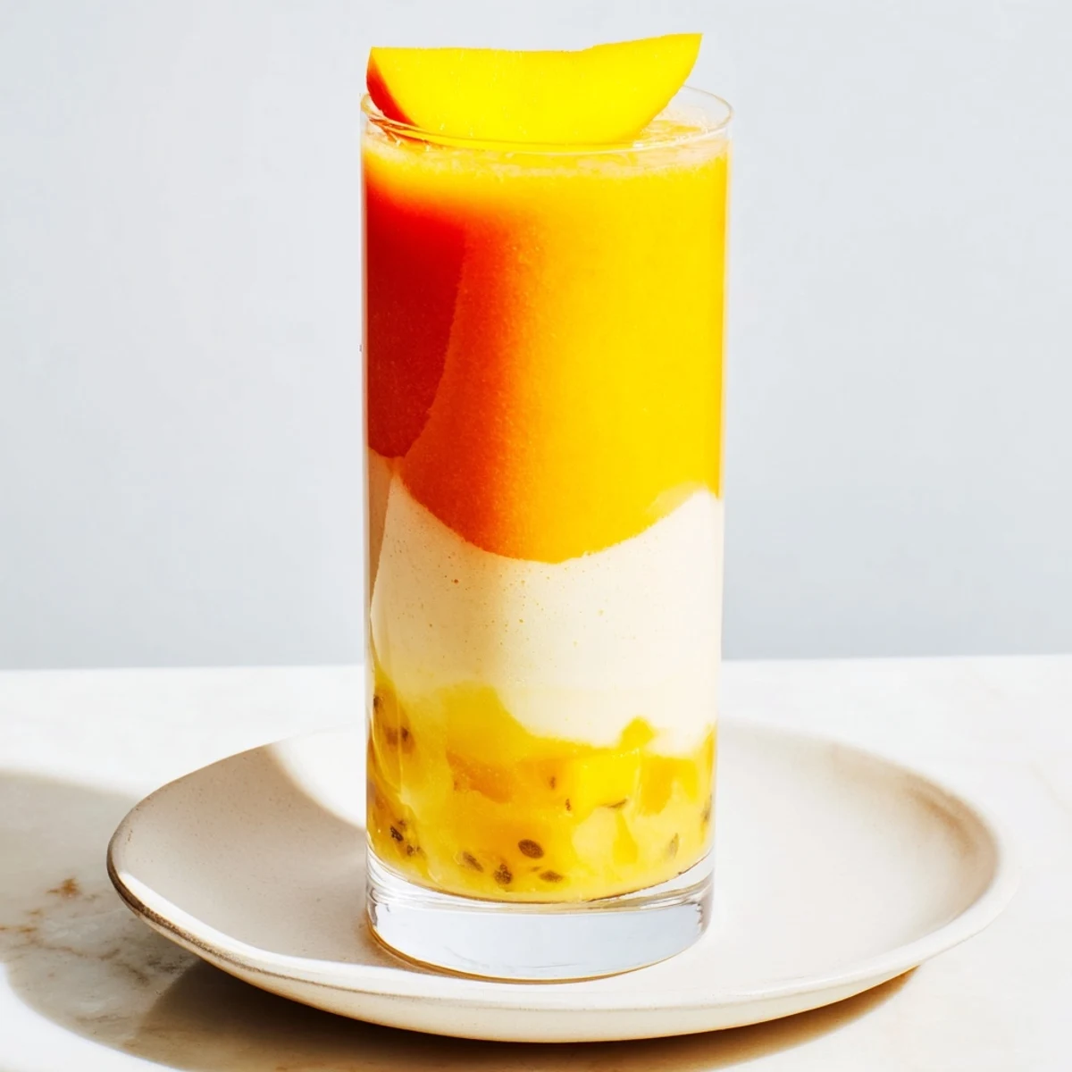 A beautiful ombré effect shows off this delicious Tropical Sunset Smoothie with yogurt, and fruit layers.