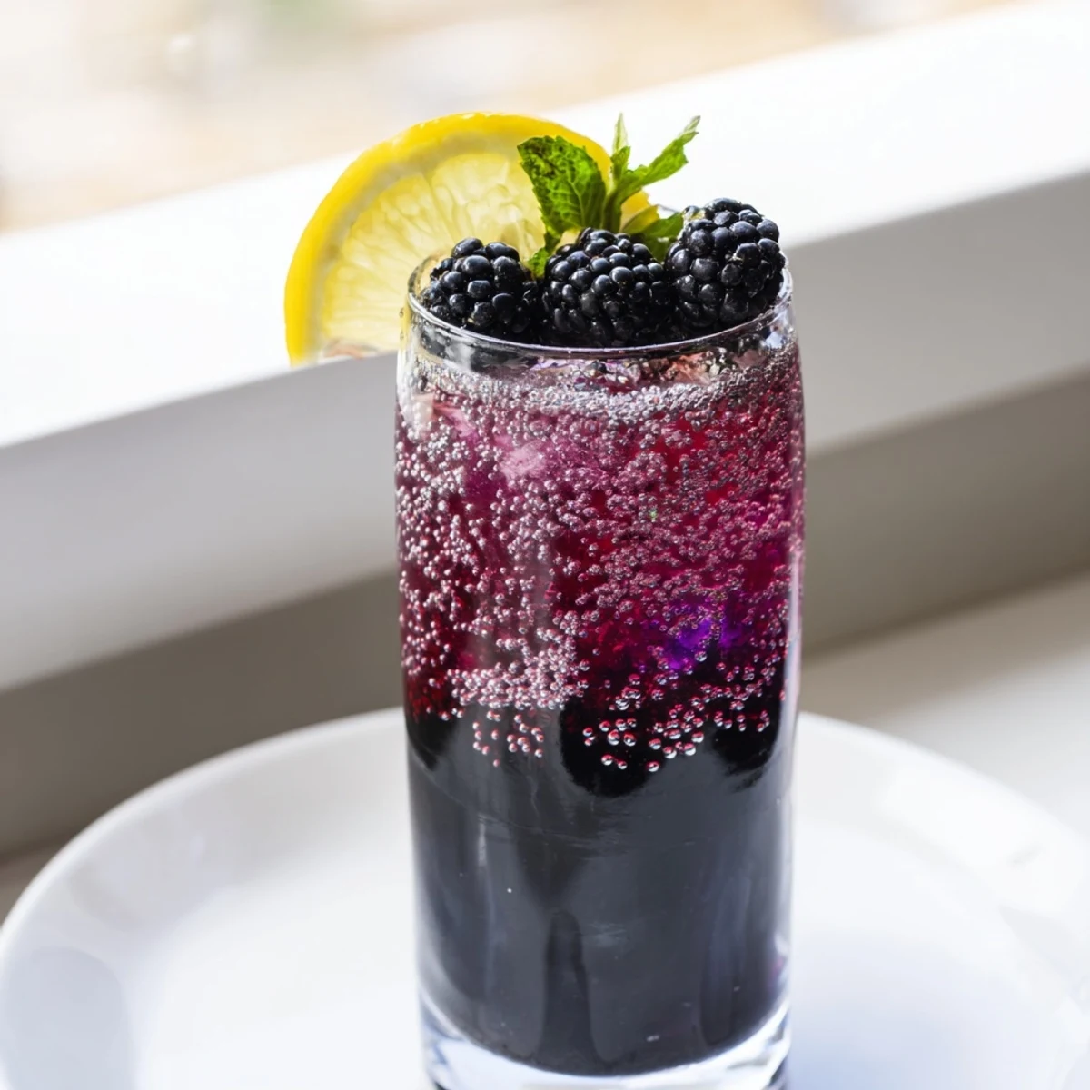 Enjoy the dramatic look of a Dark Matter Mocktail, a non-alcoholic beverage with layers of black and purple.