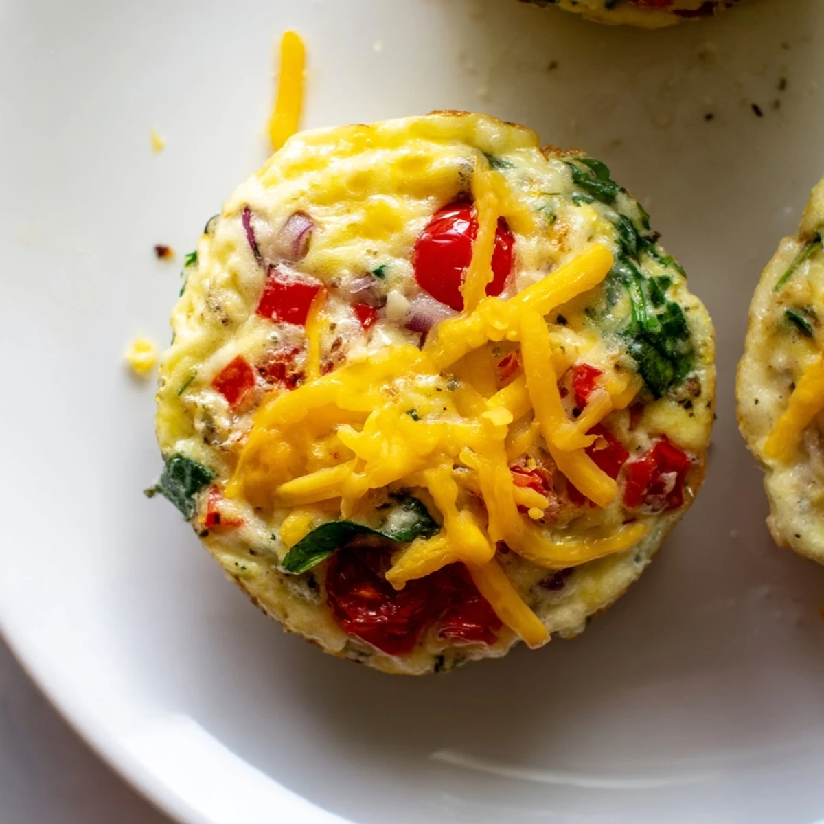 Golden-brown Customizable Egg Muffins, speckled with vegetables and cheese, ready to grab for breakfast.