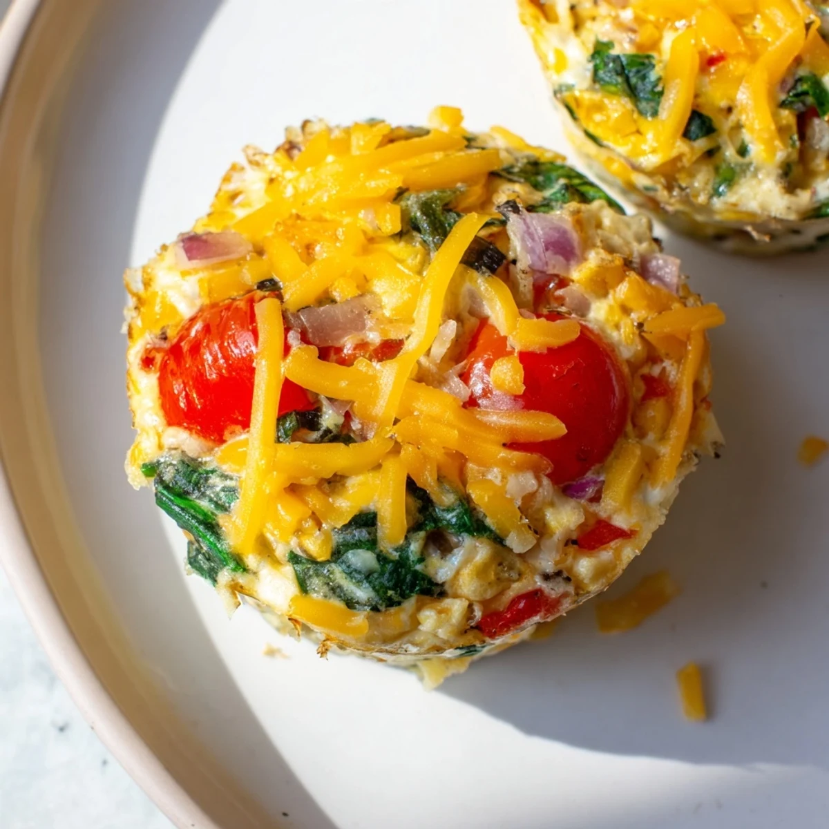 A close-up view of fluffy Customizable Egg Muffins showing the vibrant colors from the vegetable filling.