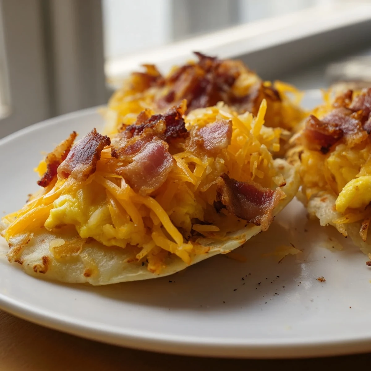 A close-up of delicious B.E.C. breakfast bites, highlighting the flaky tortillas and savory bacon filling.