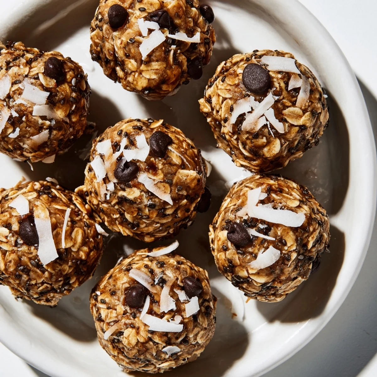 Chewy Almond-Chia Energy Bites ready to eat, showing the perfect texture and chocolate chips.