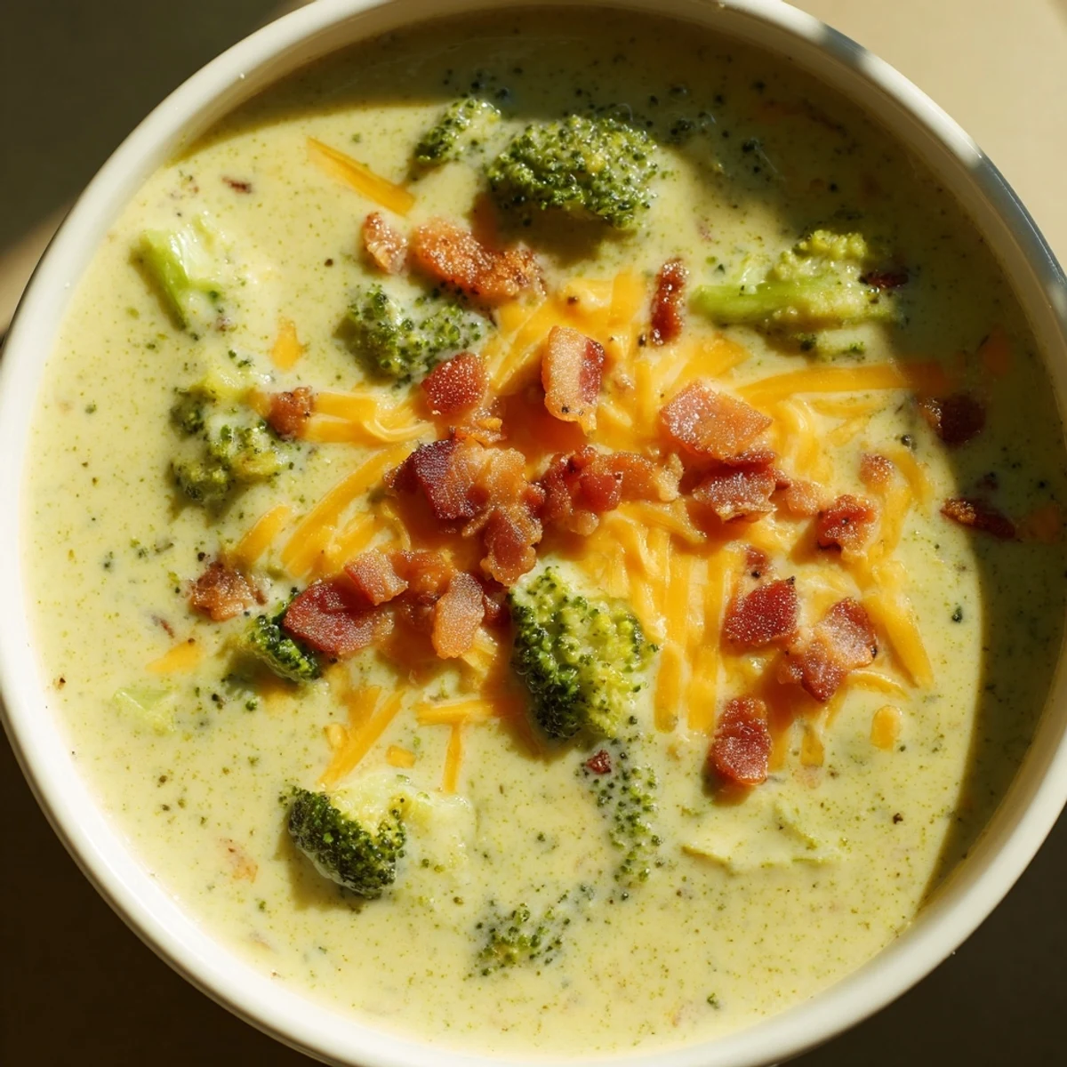 Creamy broccoli cheddar soup, garnished with crispy bacon and extra cheese, served with toasted bread.