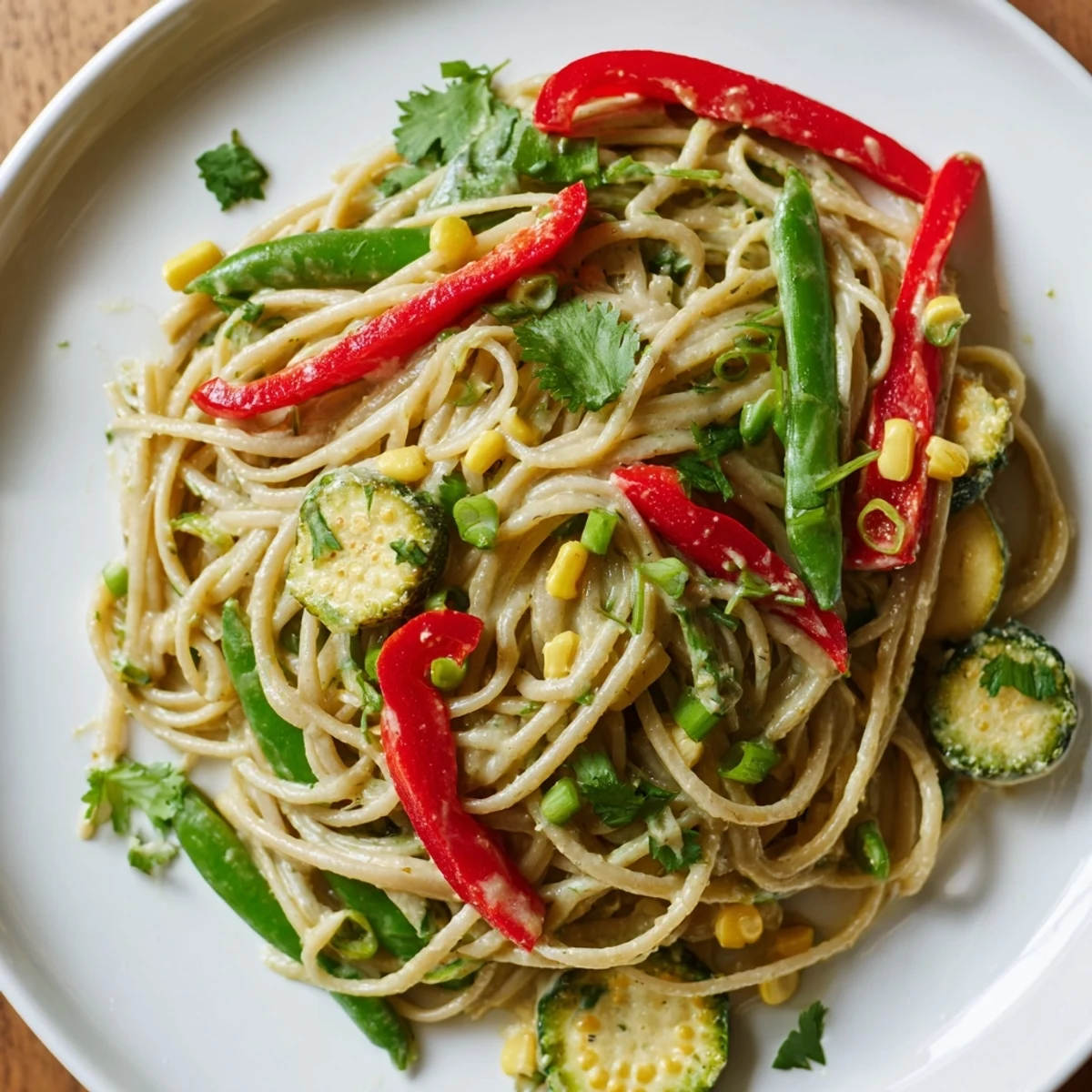 Creamy Thai Curry Pasta with bright vegetables, cilantro, and served in a warm bowl.