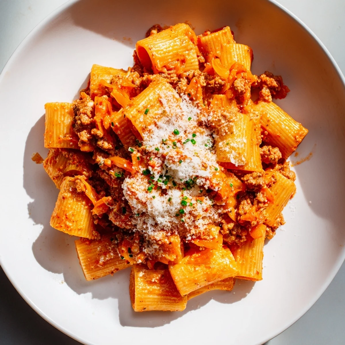 A steaming bowl of Chaos Cooking Kimchi Ragu Pasta, with savory pork and creamy sauce.