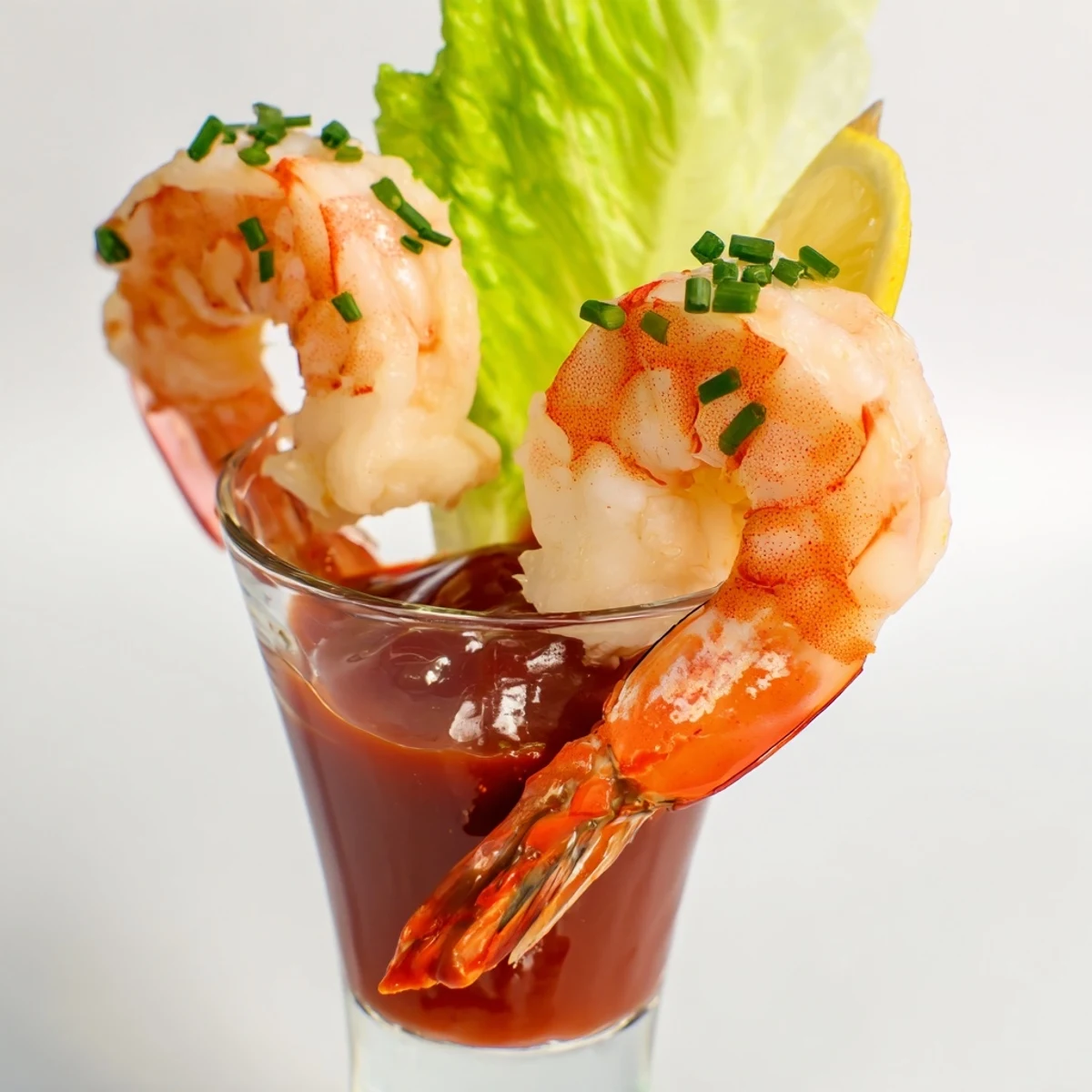 Retro Prawn Cocktail Shooters: Succulent shrimp with tangy sauce, garnished with chives and lemon wedges, ready to eat.