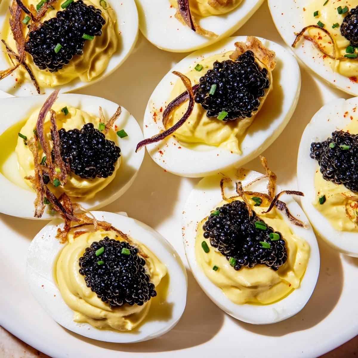 Elegant deviled eggs topped with glistening caviar and crunchy shallots, a gourmet appetizer.