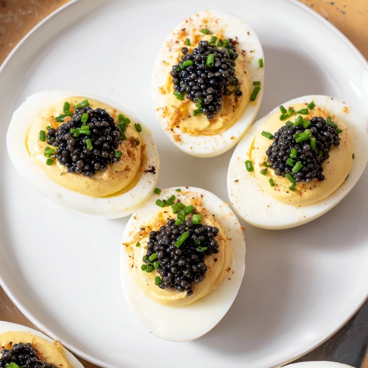 Creamy deviled eggs, showcasing a luxurious caviar topping, perfect for an impressive party spread.