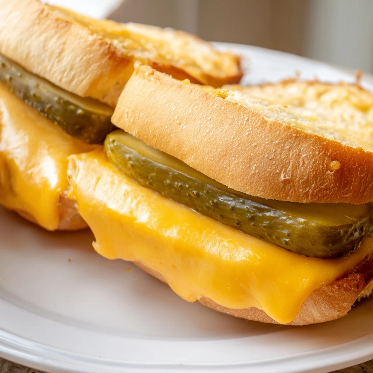 Close-up of a warm, cheesy Pickle Bread Sandwich, a low-carb treat with flavorful pickle slices inside.