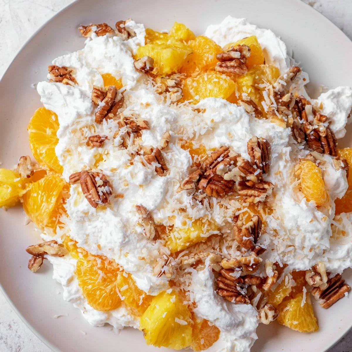 Creamy, smooth Elevated Ambrosia Salad, ready to eat, with fluffy marshmallows and bourbon whipped cream.