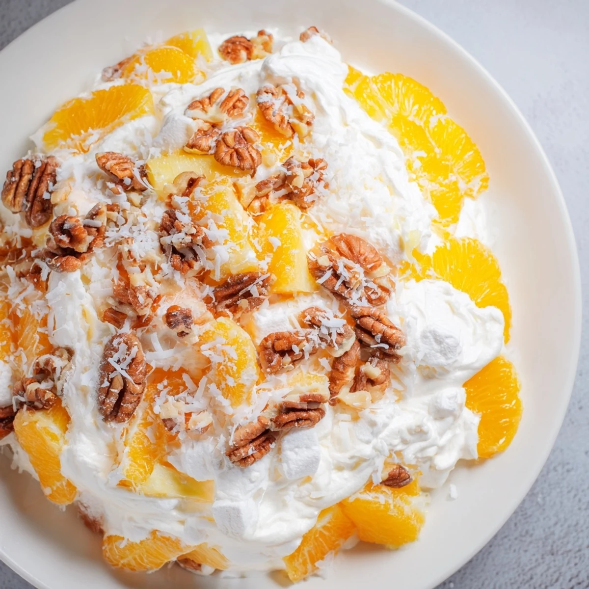 Luscious close-up of the Elevated Ambrosia Salad, featuring fruit, nuts, and a delightful whipped cream topping.