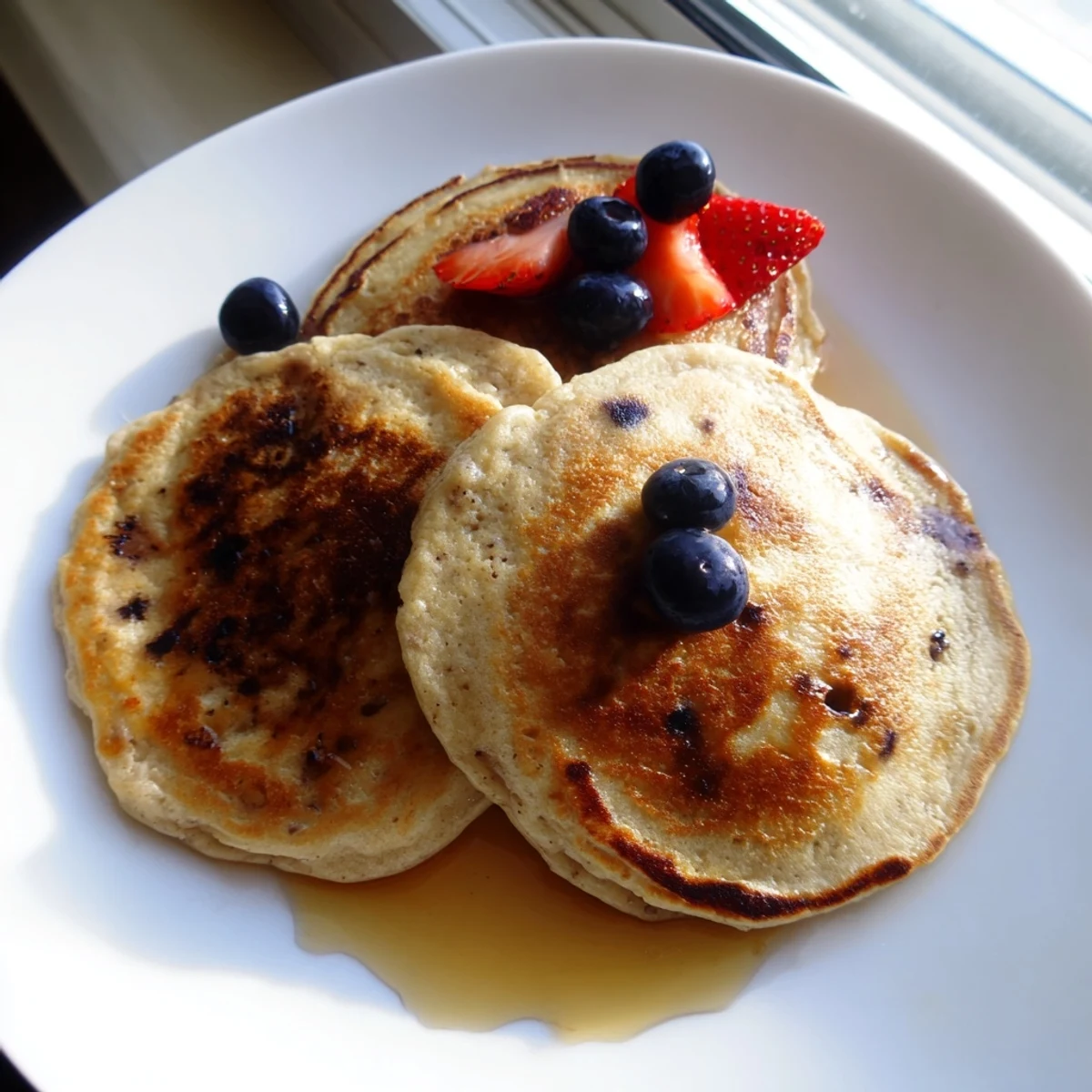 A close-up of golden-brown Banana Pancakes with soft, tender edges, glistening with maple syrup and fresh berries.