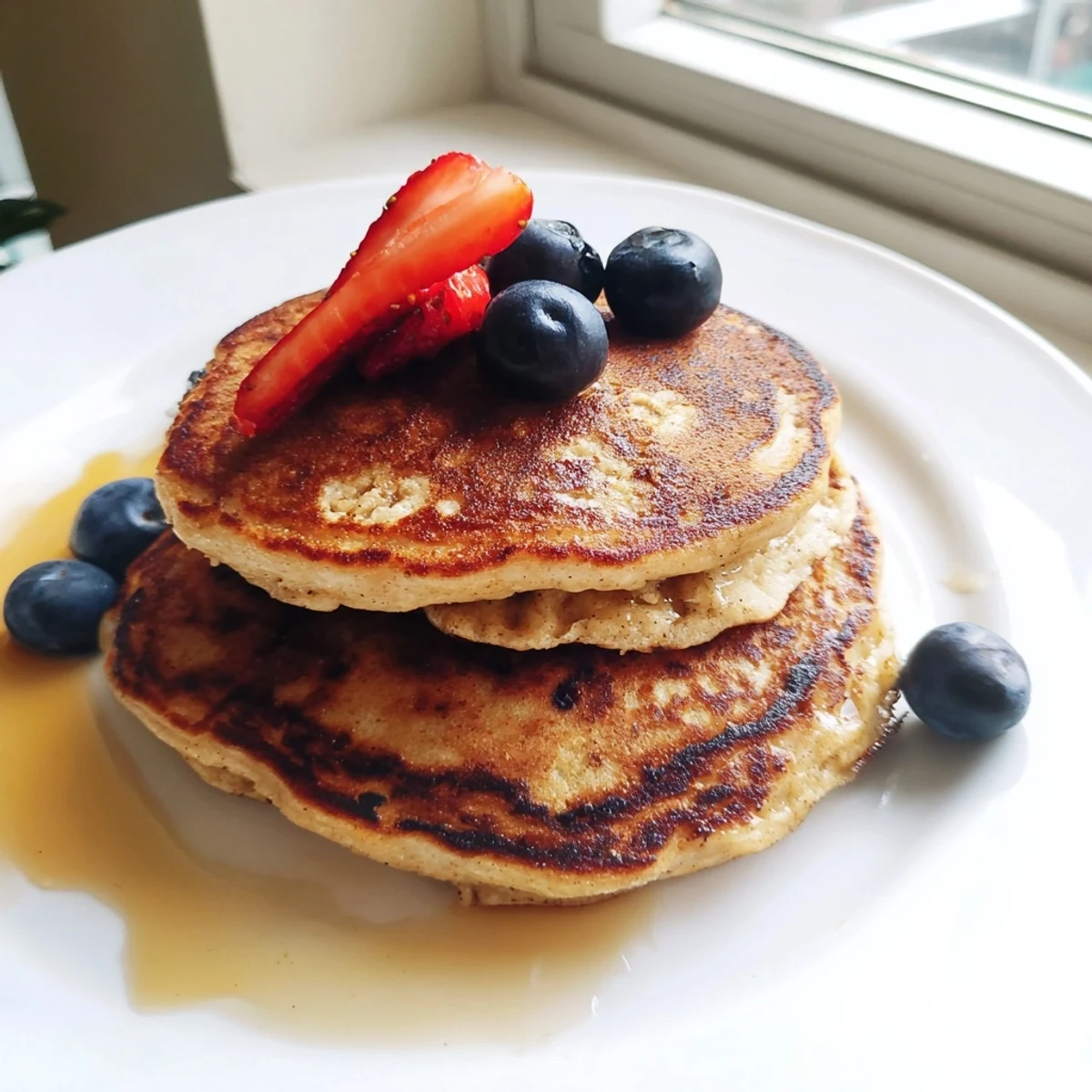Mashed overripe banana creates moist, gluten-free Banana Pancakes, served warm with a drizzle of honey and chopped nuts.