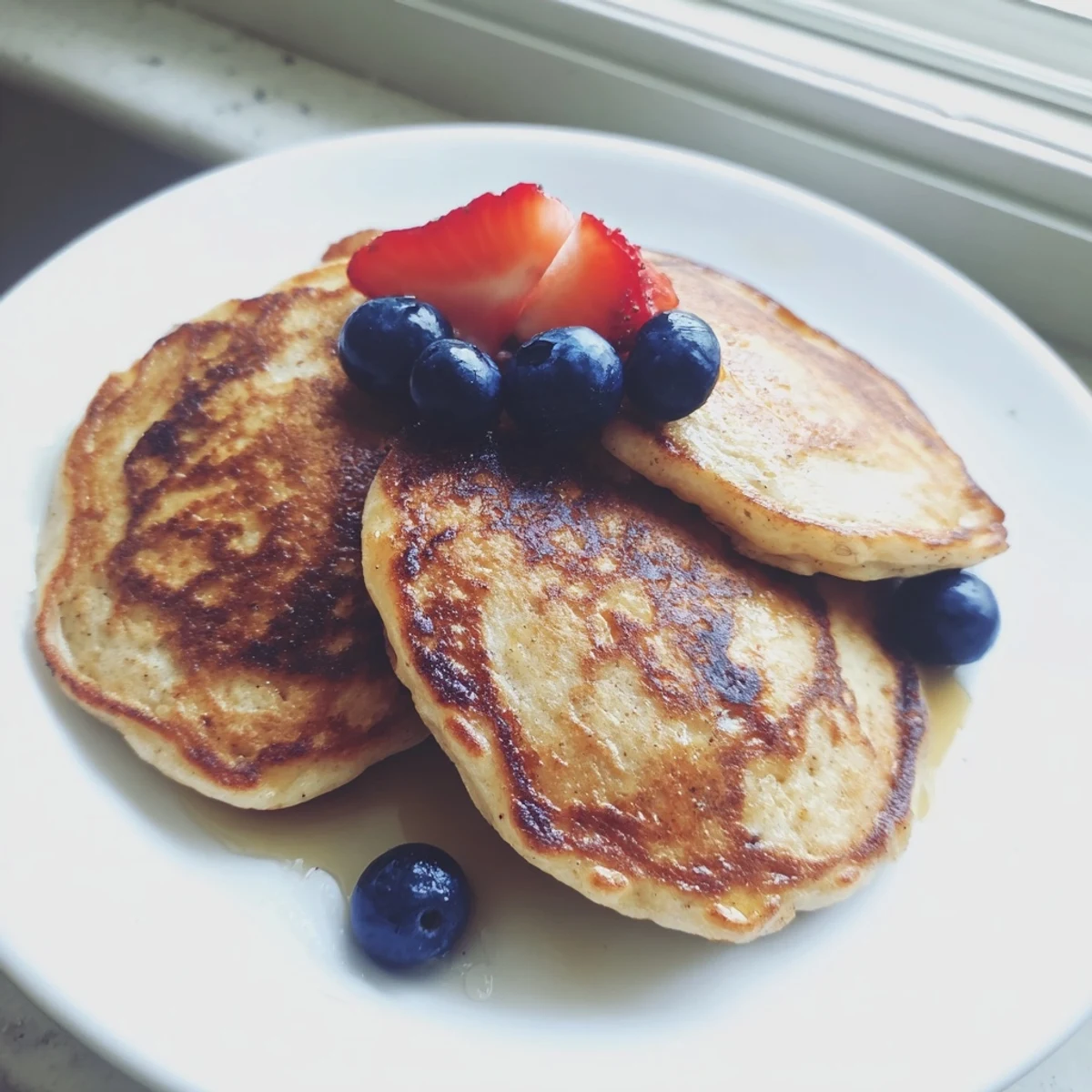 Banana Pancakes rest on a white plate with a cup of coffee, showcasing their fluffy texture and sweet aroma.