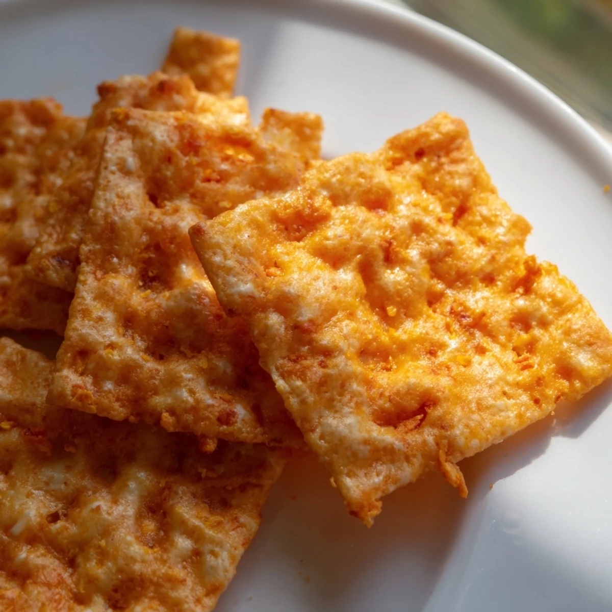 Golden baked Crispy Cheeto Cheese Crackers arranged neatly on a white plate, with scattered crumbs adding texture.  