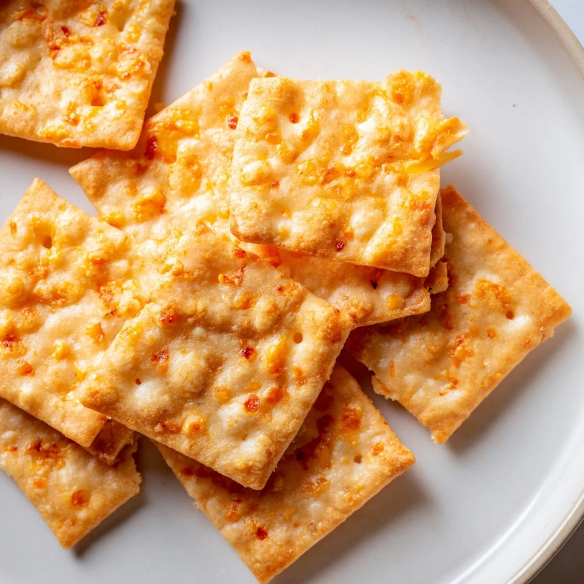 A close-up of homemade Crispy Cheeto Cheese Crackers revealing sharp cheddar and crunchy orange Cheeto bits inside.  