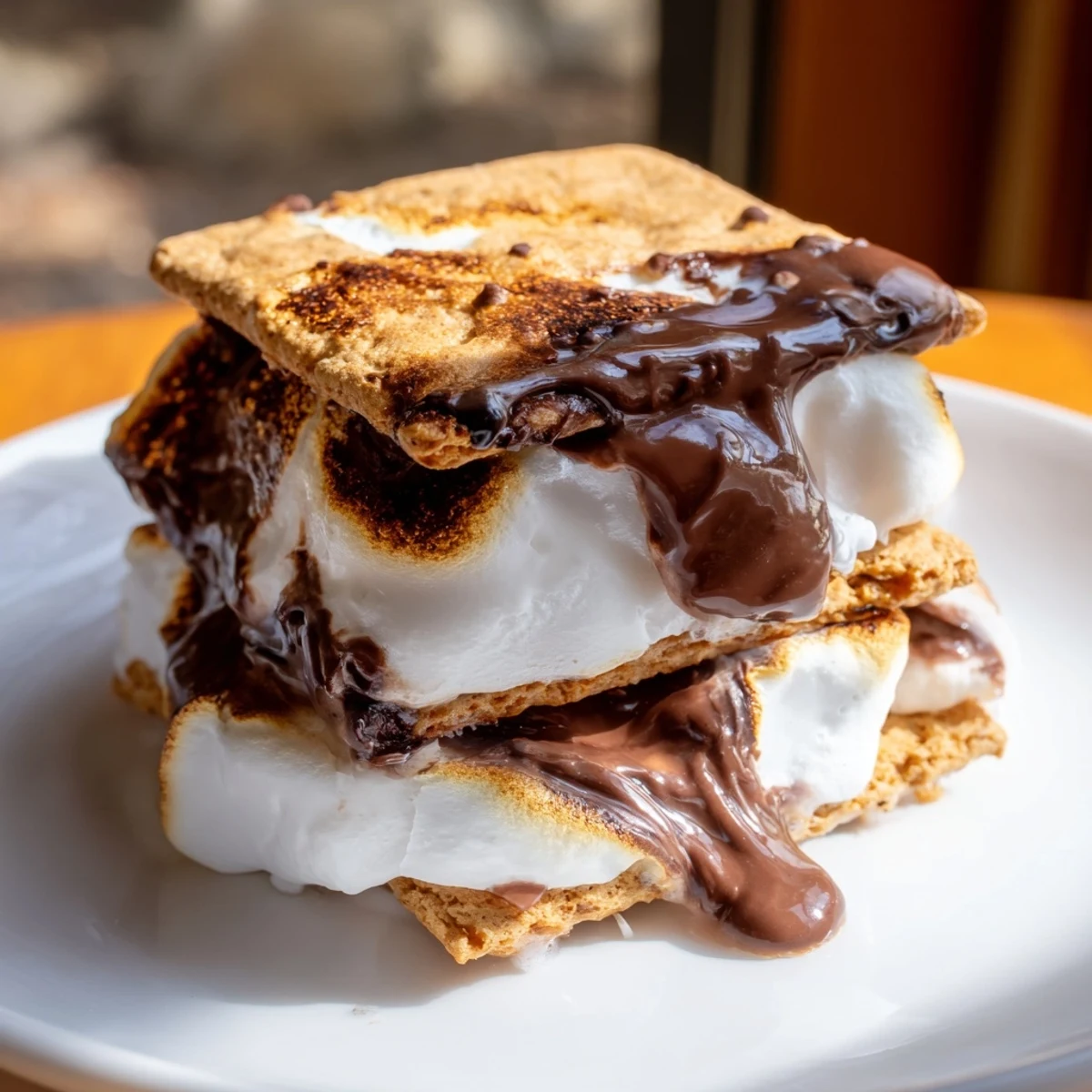 Easy Air Fryer S’mores stacked high, featuring gooey marshmallow and chocolate filling on graham.