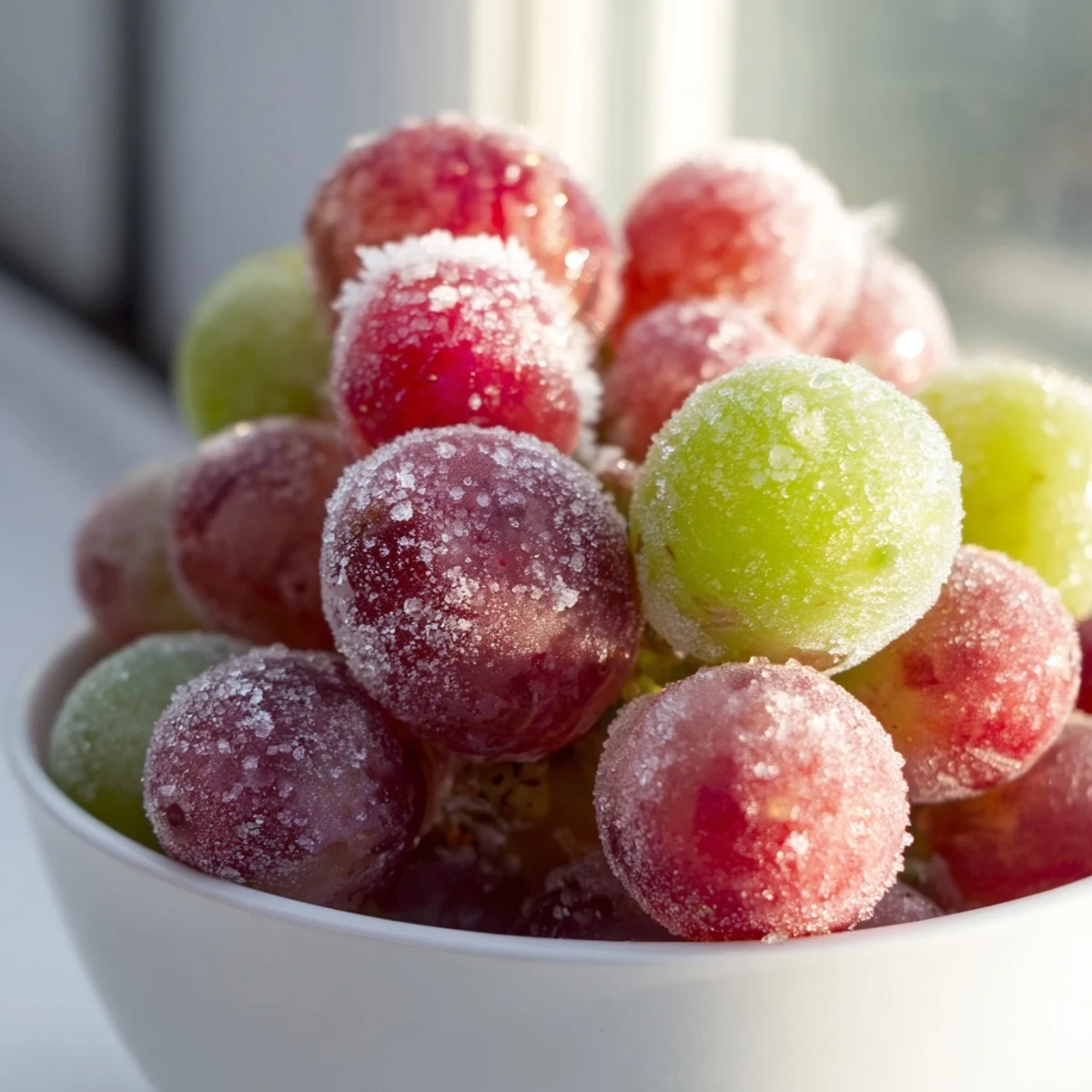 A bowl of Frozen Grapes Spa Treat, glistening and frosty, served as a refreshing, healthy vegan snack.