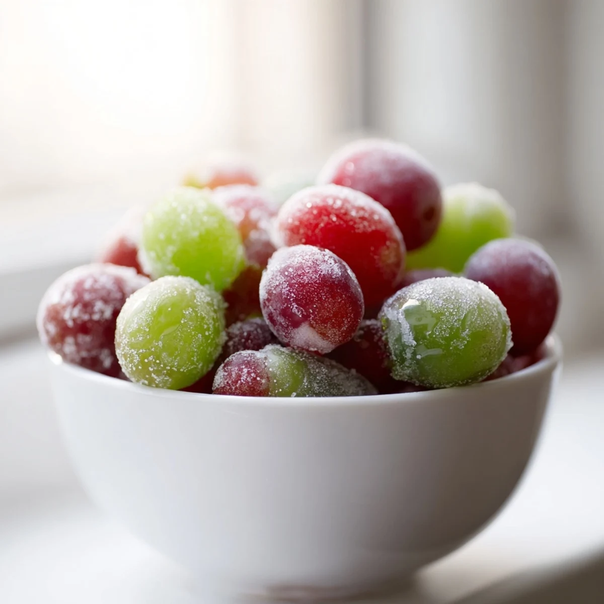 Perfectly frozen grapes, ideal for a spa treat or as ice cubes in drinks, showcasing a vibrant color.