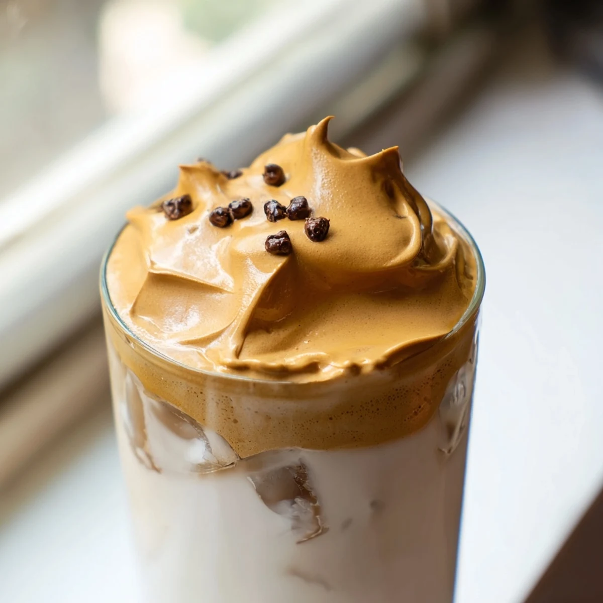 Fluffy whipped Dalgona coffee floats atop cold milk in a glass, topped with ice cubes for a refreshing Korean-inspired treat.  