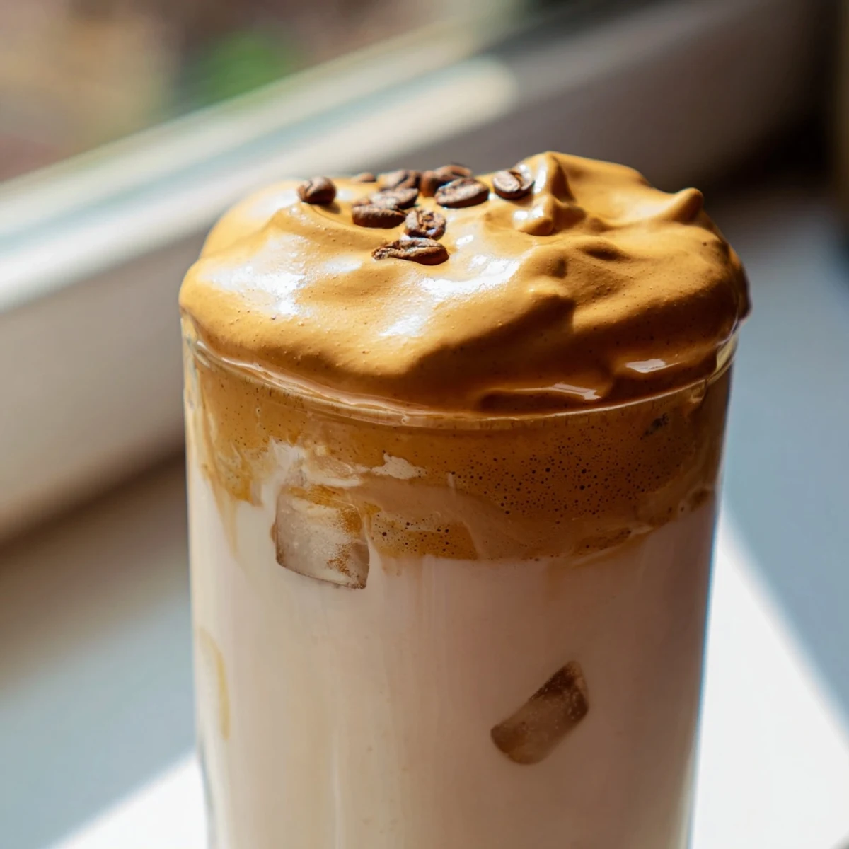 A cloudy swirl of whipped Dalgona coffee melts into iced milk, creating a rich, café-style beverage you can enjoy at home.