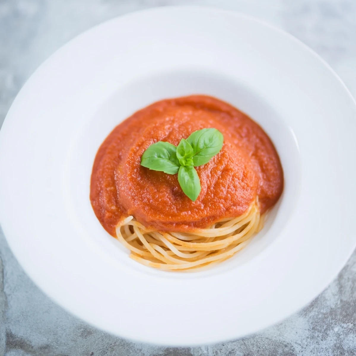 A bowl of freshly blended Hidden Veggie Tomato Pasta Sauce, garnished with basil, ready to coat penne or spaghetti for a nutritious, veggie-packed meal.
